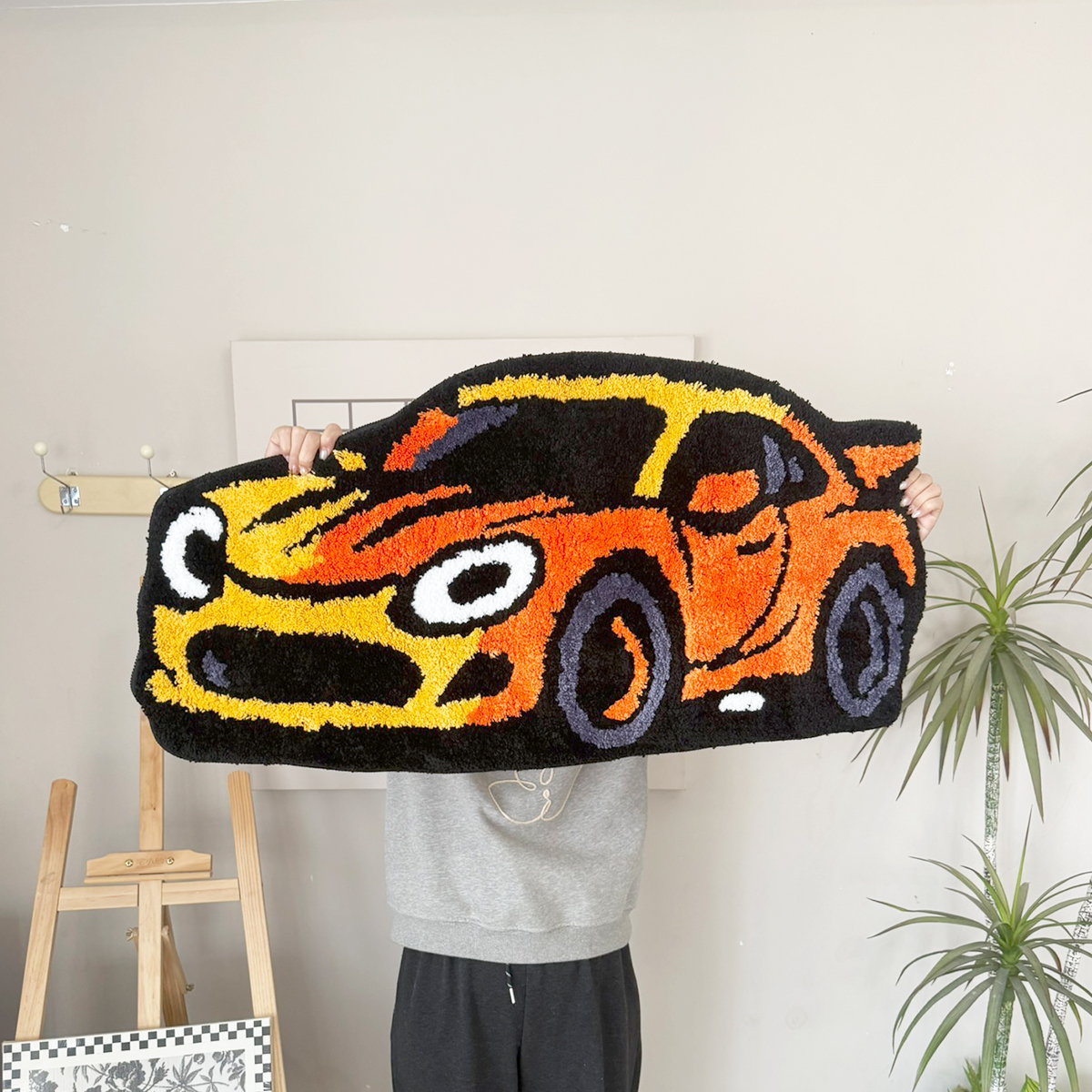 Cartoon Sports Car Tufted Rug, Vibrant Orange & Yellow Gradient Plush Floor Mat, Anti-Slip Irregular Shaped Carpet for Car Enthusiasts, Gaming Room & Bedroom Decor