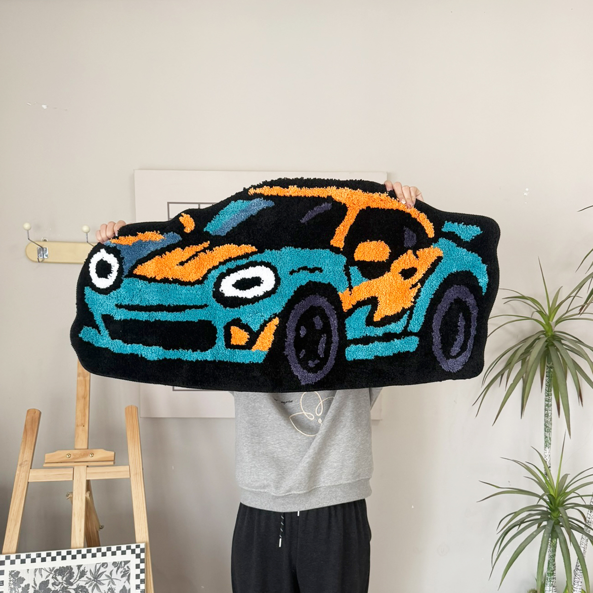 Cartoon Sports Car Tufted Rug, Vibrant Orange & Yellow Gradient Plush Floor Mat, Anti-Slip Irregular Shaped Carpet for Car Enthusiasts, Gaming Room & Bedroom Decor