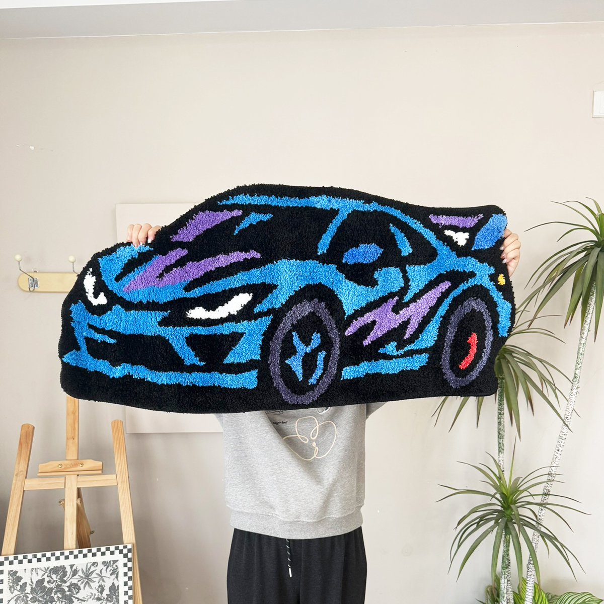 Cartoon Sports Car Tufted Rug, Vibrant Orange & Yellow Gradient Plush Floor Mat, Anti-Slip Irregular Shaped Carpet for Car Enthusiasts, Gaming Room & Bedroom Decor