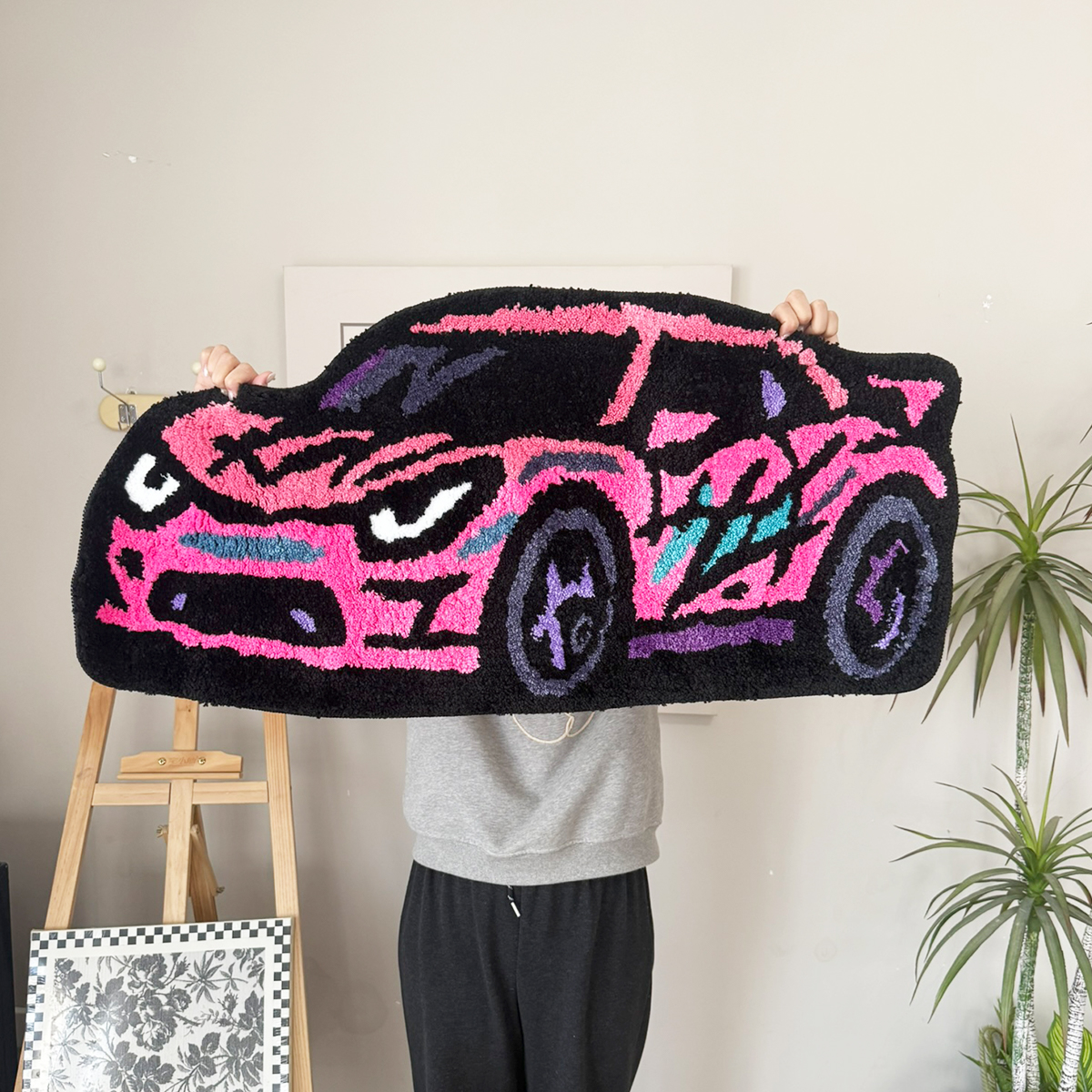 Cartoon Sports Car Tufted Rug, Vibrant Orange & Yellow Gradient Plush Floor Mat, Anti-Slip Irregular Shaped Carpet for Car Enthusiasts, Gaming Room & Bedroom Decor