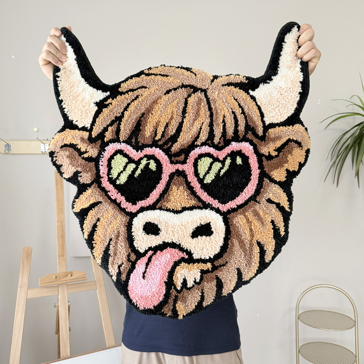 Highland Cow Tufted Rug With Heart Sunglasses, Cute Tongue Out Shaggy Animal Shaped Floor Mat, Non Slip Absorbent Bathroom Rug For Bedroom Home Decor