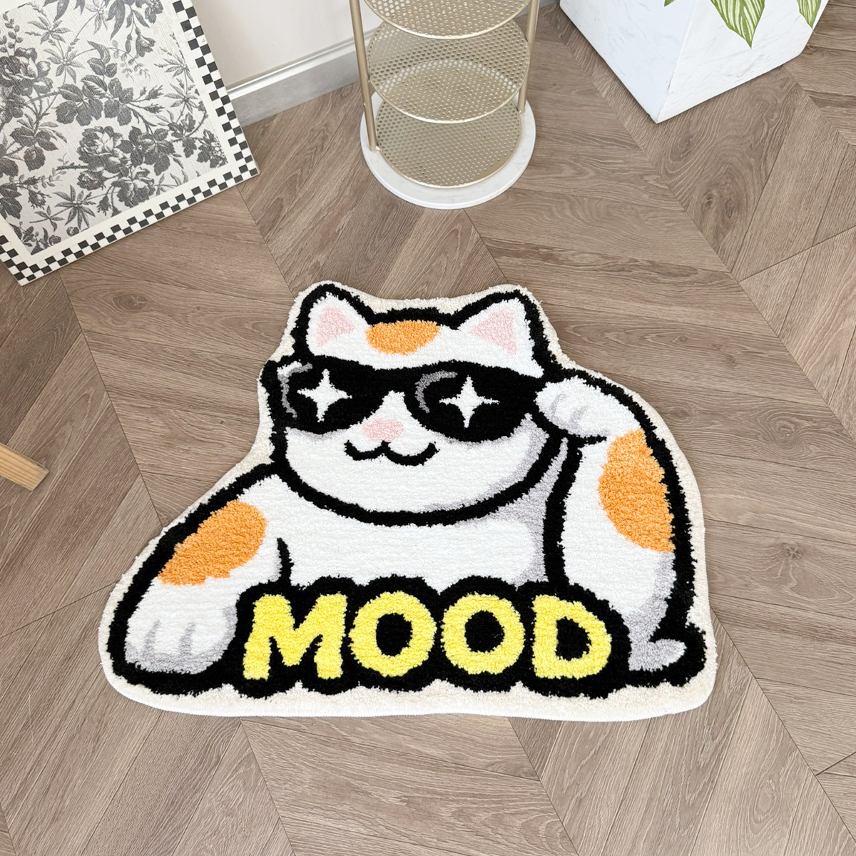Cool Cat With Star Sunglasses Tufted Rug, Cute MOOD Letter Kitten Shaped Fluffy Floor Mat, Non Slip Absorbent Doormat for Bedroom Bathroom Home Decor