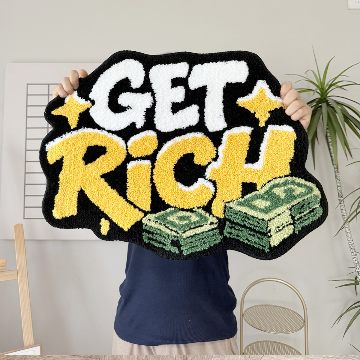 GET RICH Money Design Tufted Rug, Dollar Cash Stack Irregular Shaped Fluffy Floor Mat, Non Slip Absorbent Doormat for Bedroom Entryway Home Decor