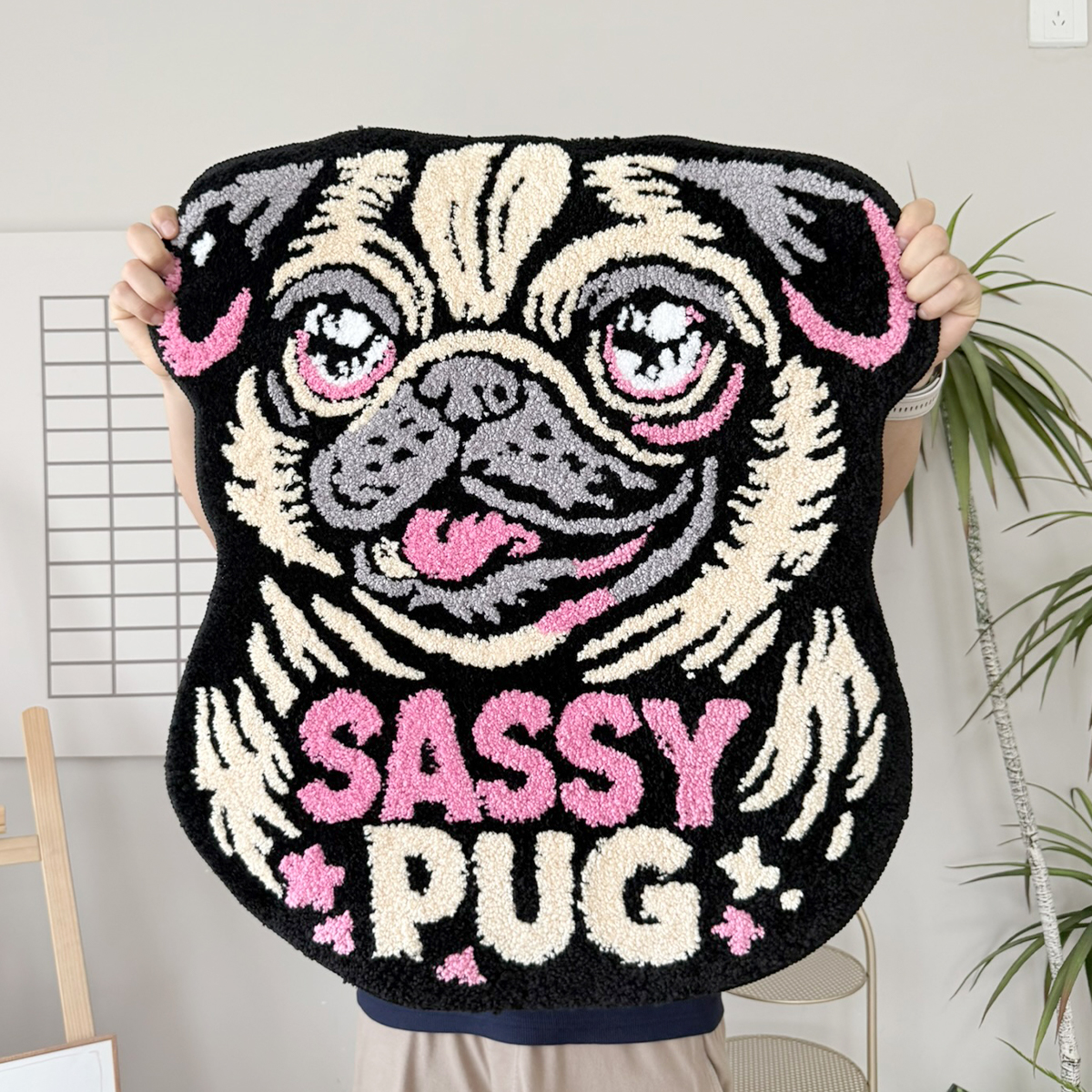 Sassy Pug Dog Tufted Rug, Cute Cartoon Pug Head Irregular Shaped Fluffy Floor Mat, Non Slip Absorbent Doormat for Bedroom Bathroom Home Decor