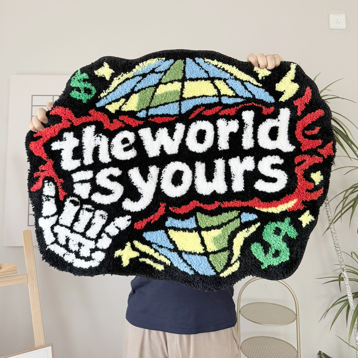 The World Is Yours Tufted Rug, Skull Hand & Globe Dollar Sign Irregular Fluffy Floor Mat, Non Slip Absorbent Doormat for Bedroom Entryway Home Decor
