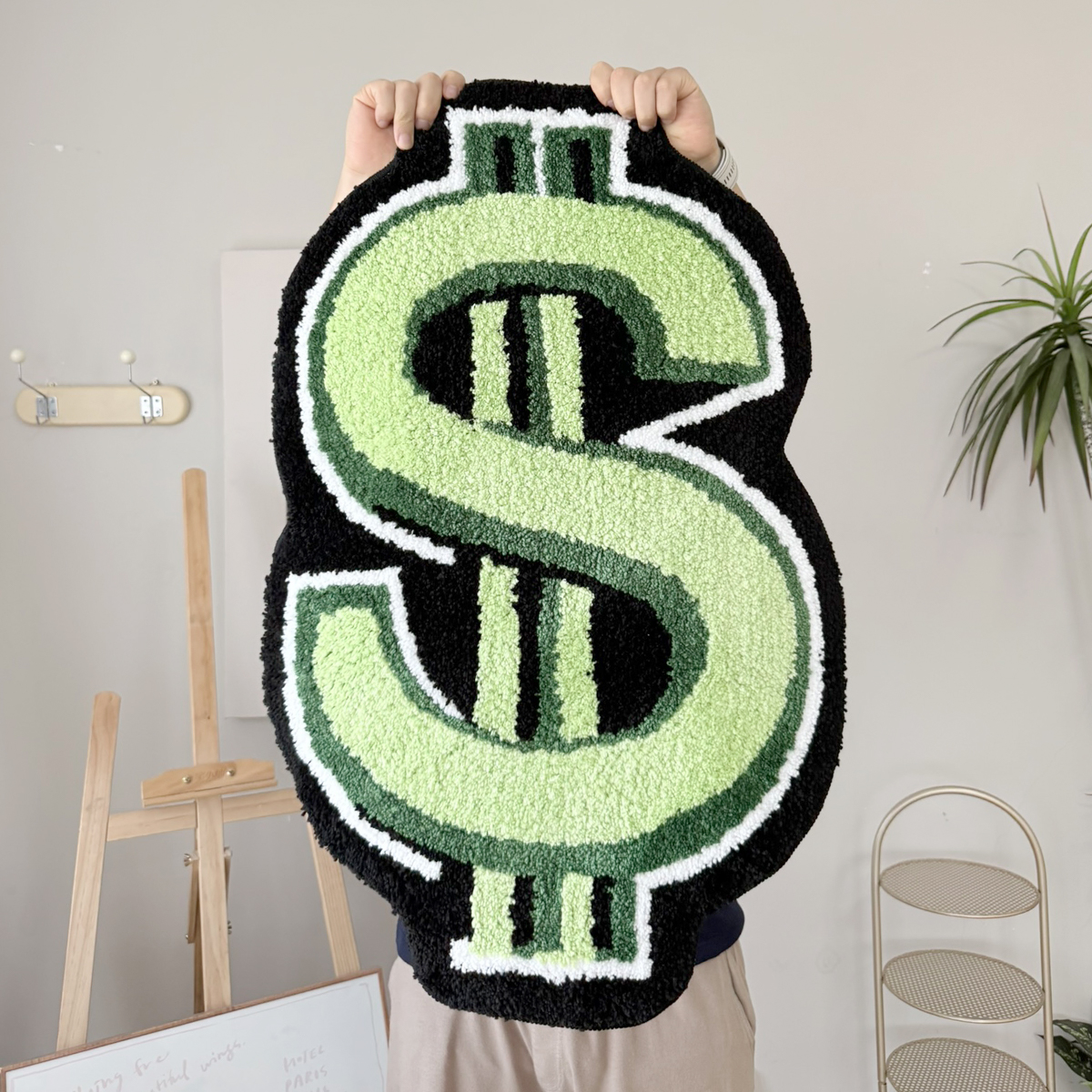 Dollar Sign Shaped Tufted Rug, Green Black Irregular Money Symbol Fluffy Floor Mat, Non Slip Absorbent Doormat for Bedroom Entryway Home Decor