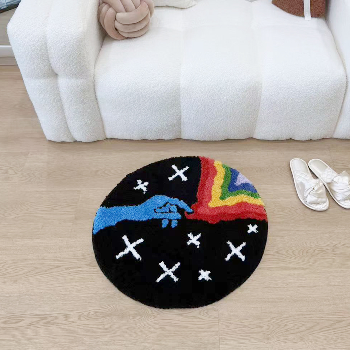 Dreamy Rainbow Star Tufted Rug Finger Small Carpet Flocking Rug Soft Textured Portable Floor Mat for Gifts Antislip Bedside Rug