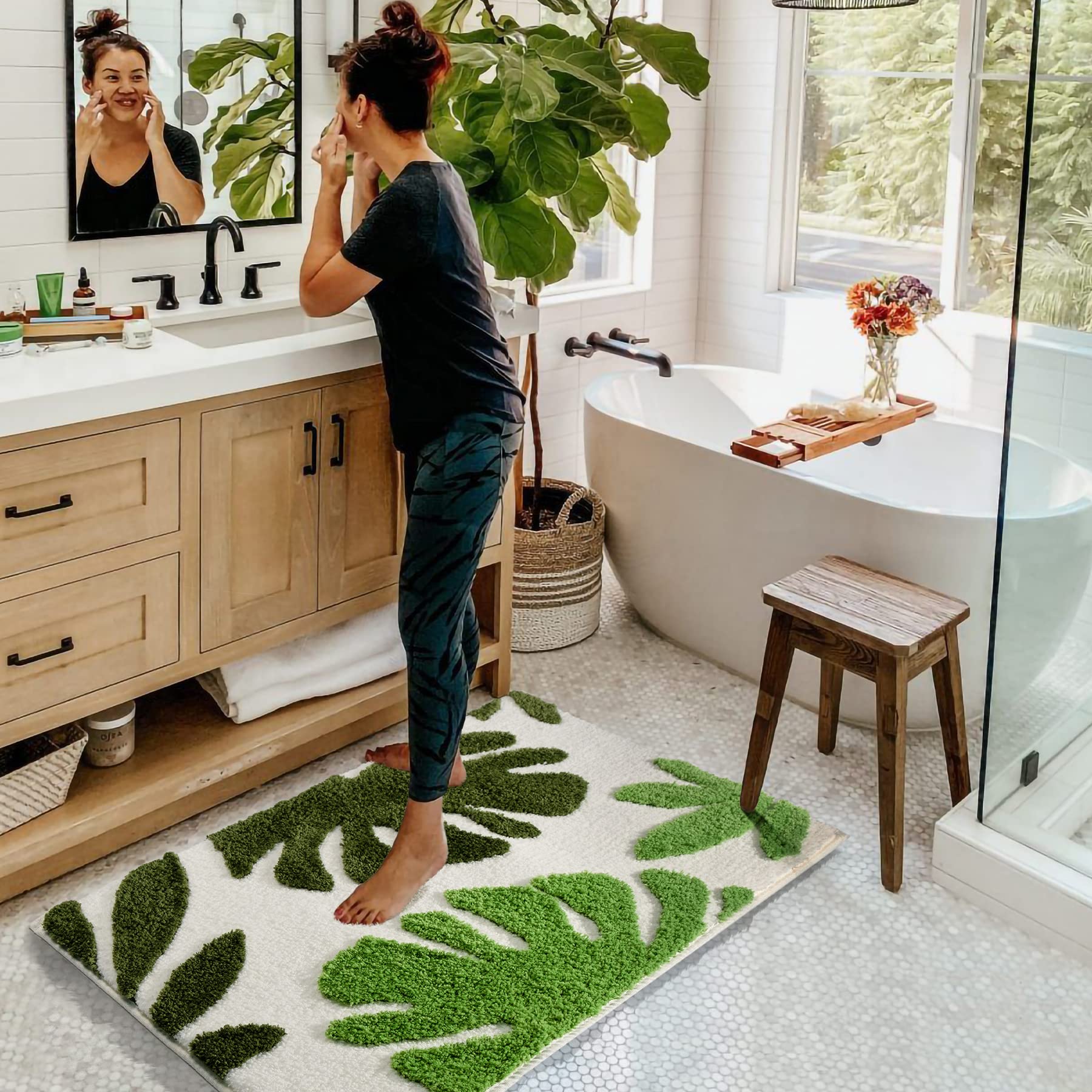 Fresh Green Tropical Leaf 3D Tufted Rug - White Base Soft Fluffy Floor Mat for Living Room Bedroom Home Decor, Monstera Plant Pattern Non-Slip Cozy Area Rug with Vibrant Botanical Design