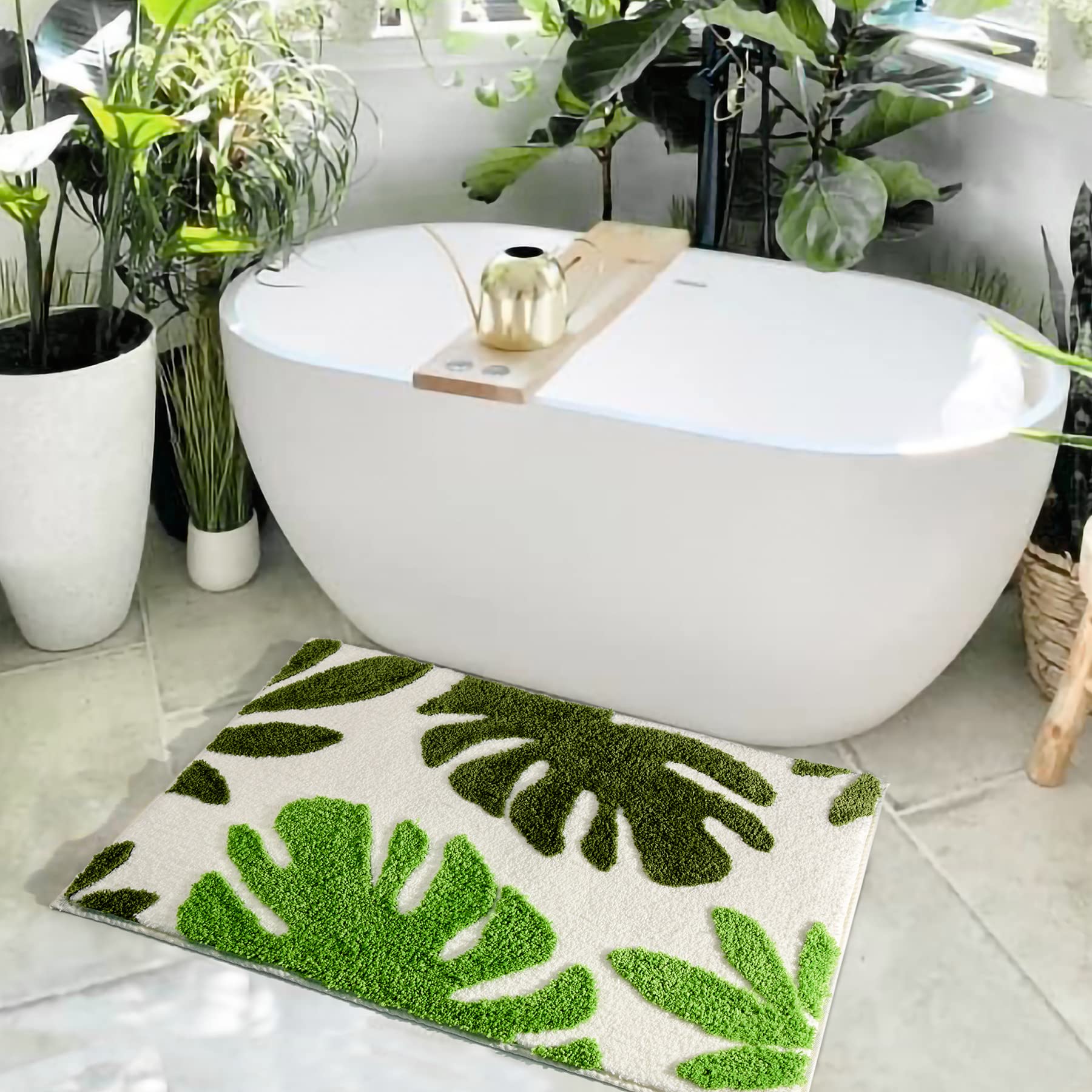 Fresh Green Tropical Leaf 3D Tufted Rug - White Base Soft Fluffy Floor Mat for Living Room Bedroom Home Decor, Monstera Plant Pattern Non-Slip Cozy Area Rug with Vibrant Botanical Design