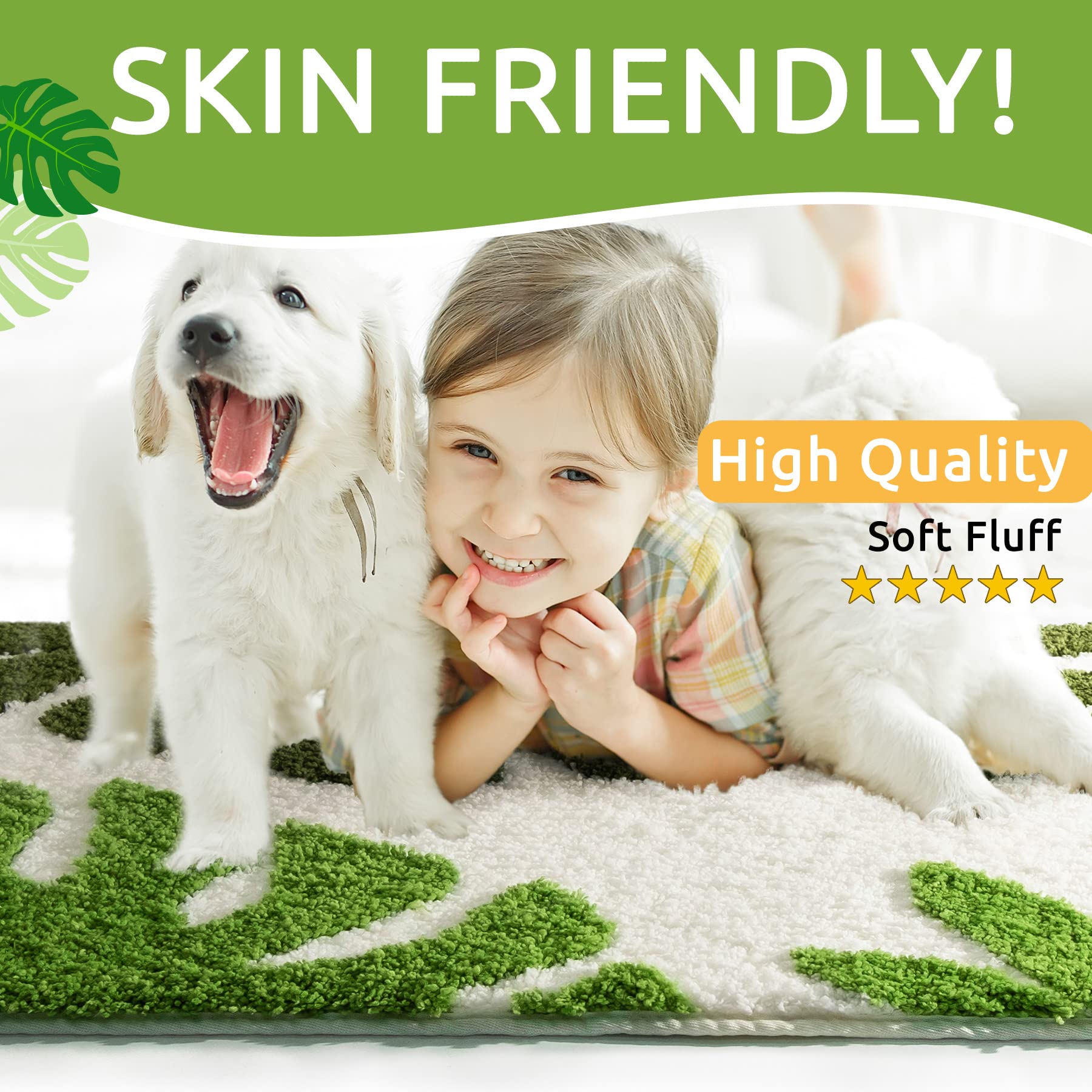 Fresh Green Tropical Leaf 3D Tufted Rug - White Base Soft Fluffy Floor Mat for Living Room Bedroom Home Decor, Monstera Plant Pattern Non-Slip Cozy Area Rug with Vibrant Botanical Design