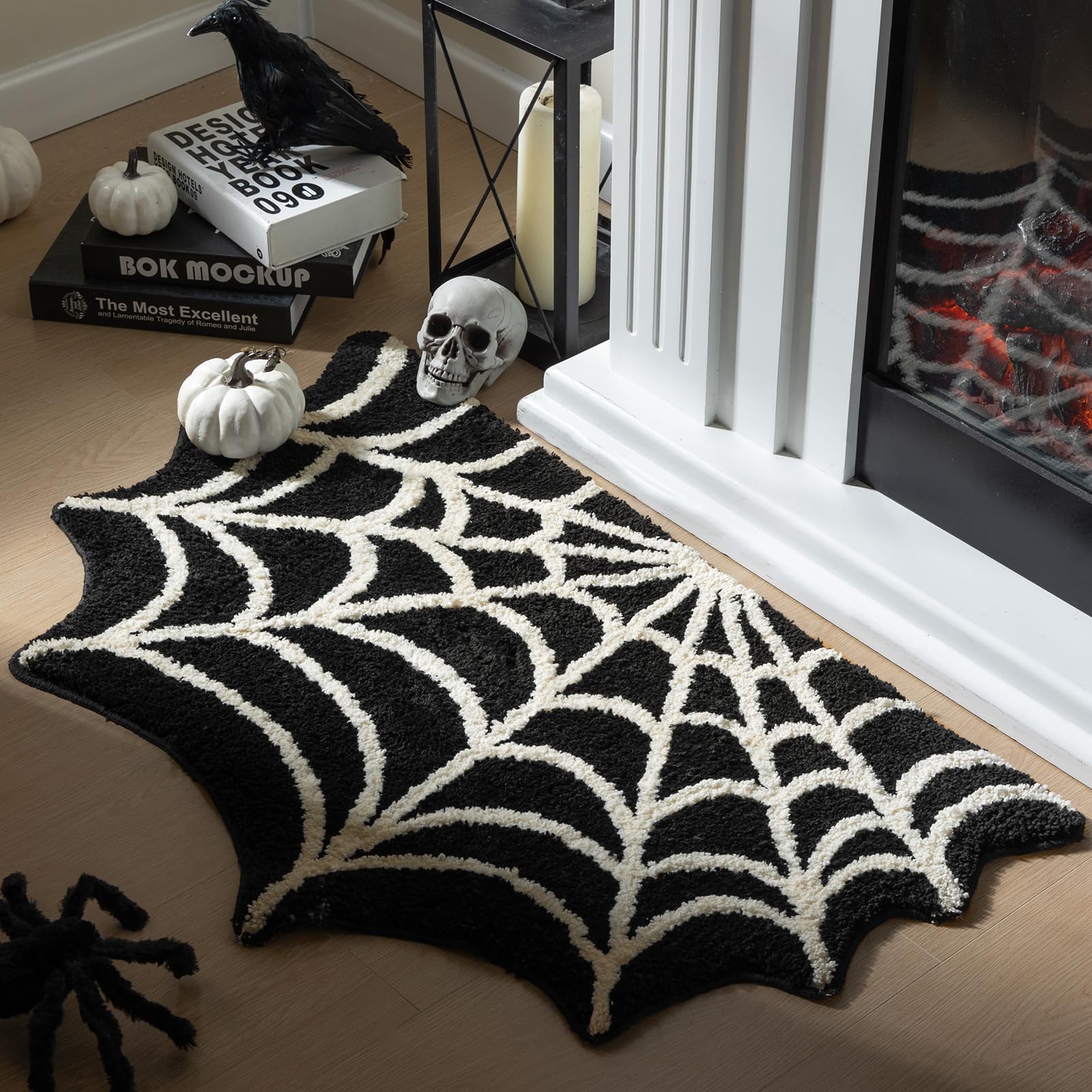 Black Spider Web Halloween Tufting Rug Funny Bathroom Decor Spooky Gothic Bath Mat Non-Slip Tufted Mat for Front Door Living