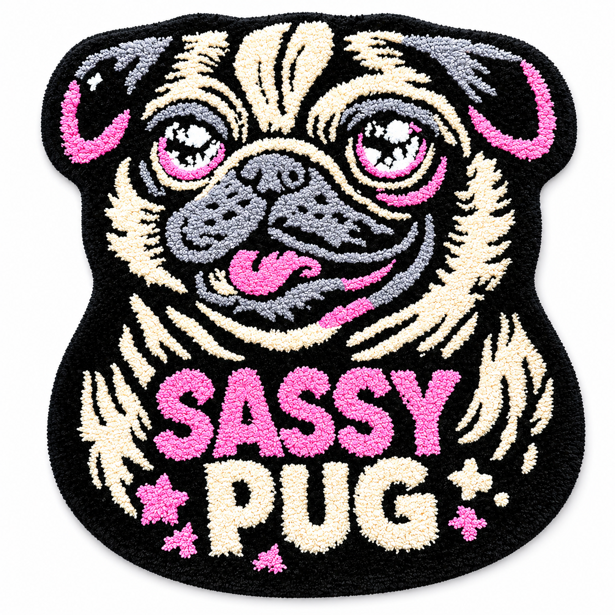 Sassy Pug Dog Tufted Rug, Cute Cartoon Pug Head Irregular Shaped Fluffy Floor Mat, Non Slip Absorbent Doormat for Bedroom Bathroom Home Decor
