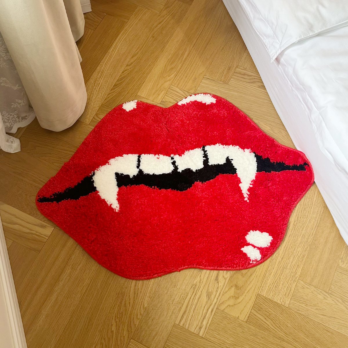 Vampire Red Lips Shape Rug - Edgy Fluffy Floor Mat for Bedroom Living Room, Gothic Novelty Home Decor Carpet, Anti-Slip Door Mat
