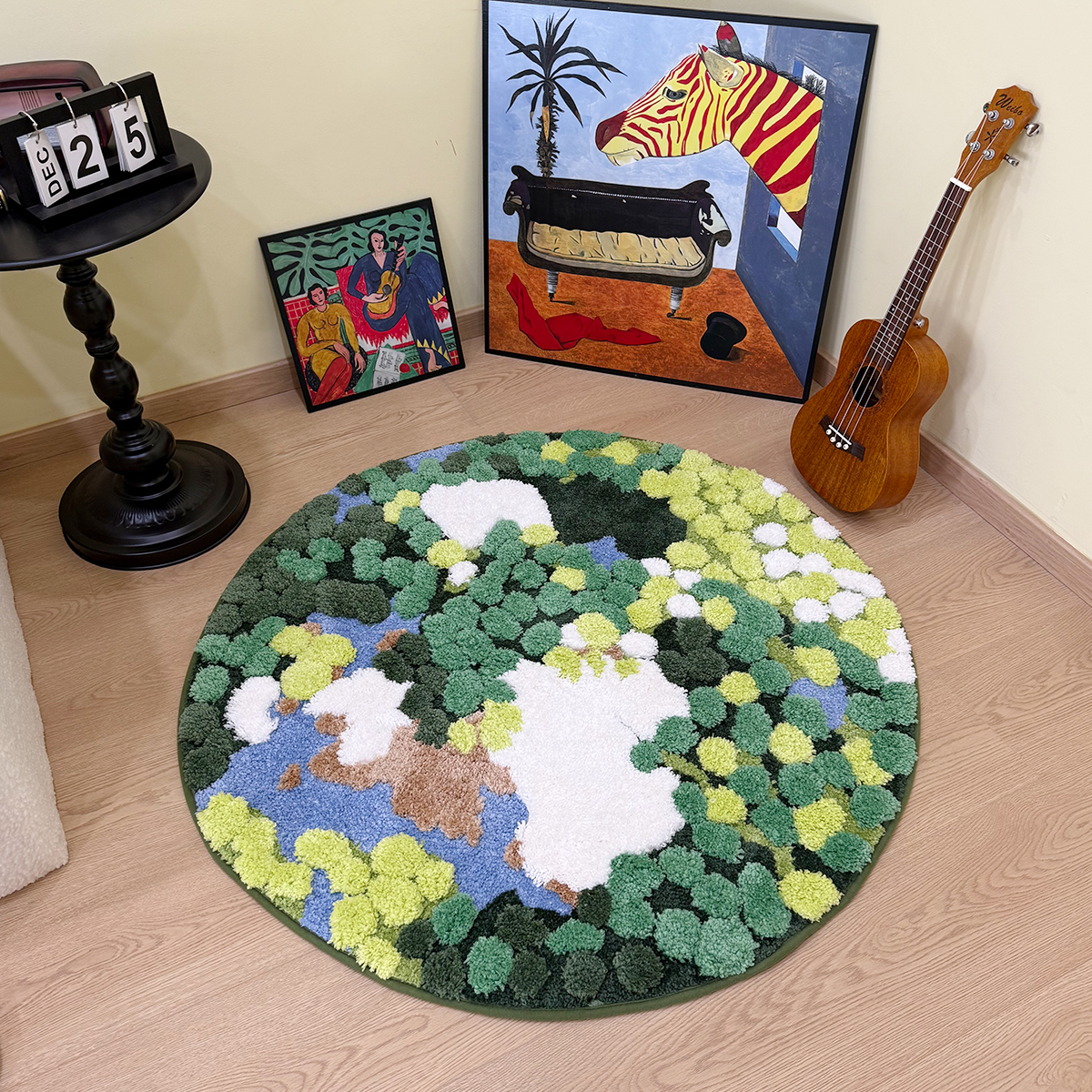 European Earth Moss 3D Flocking Rug Round Bedside Rug INS Entrance Anti-Slip Water-Absorbent Floor Mat for Bedroom & Home Decor