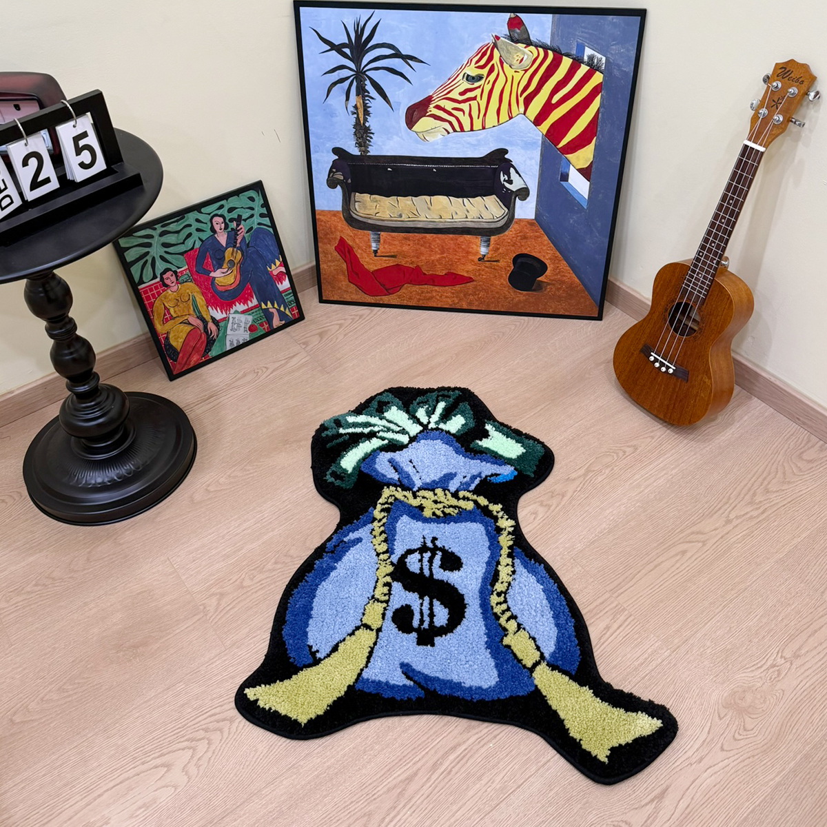 Blue Money Bag Shaped Tufted Rug, Blue Dollar Sign Plush Carpet with Cash Detail, Soft Non-Slip Irregular Floor Mat for Bedroom, Man Cave & Office, Fun Finance Themed Home Decor for Entrepreneurs