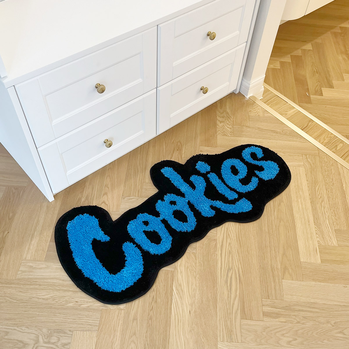Fun "Cookies" 3D Tufted Shaped Rug - Blue & Black Soft Fluffy Floor Mat for Kitchen Bedroom Snack Bar, Cute Word Pattern Non-Slip Cozy Area Rug with Playful Letter Design Home Decor