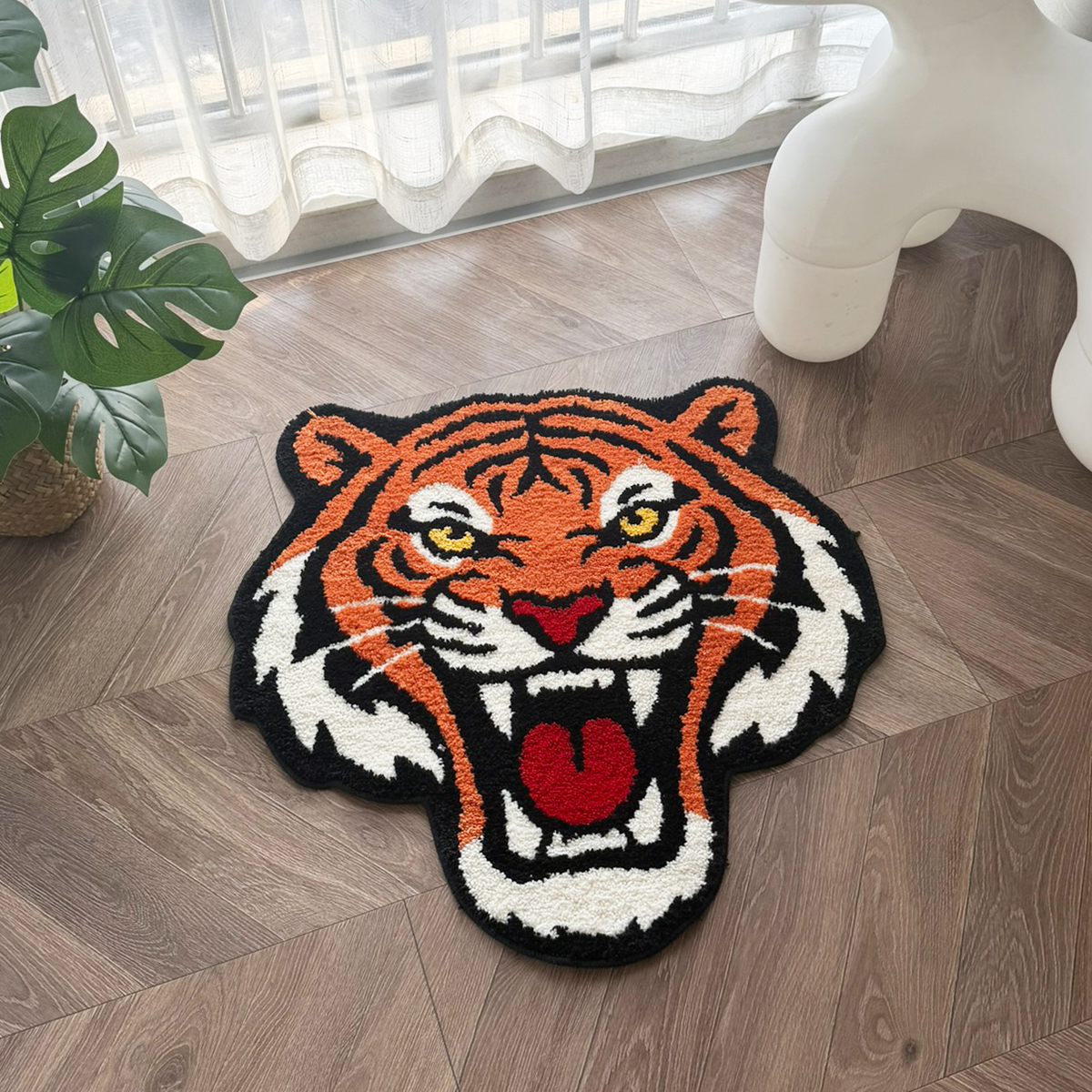 Fierce Tiger Head Tufted Rug - Vibrant Orange Anti-Slip Floor Mat for Bedroom & Living Room, Bold Animal Print Carpet