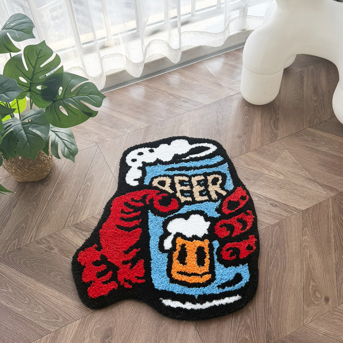 Retro Beer & Claws Tufted Rug - Funky Cartoon Style Anti-Slip Floor Mat for Home Bar & Living Room Decor.