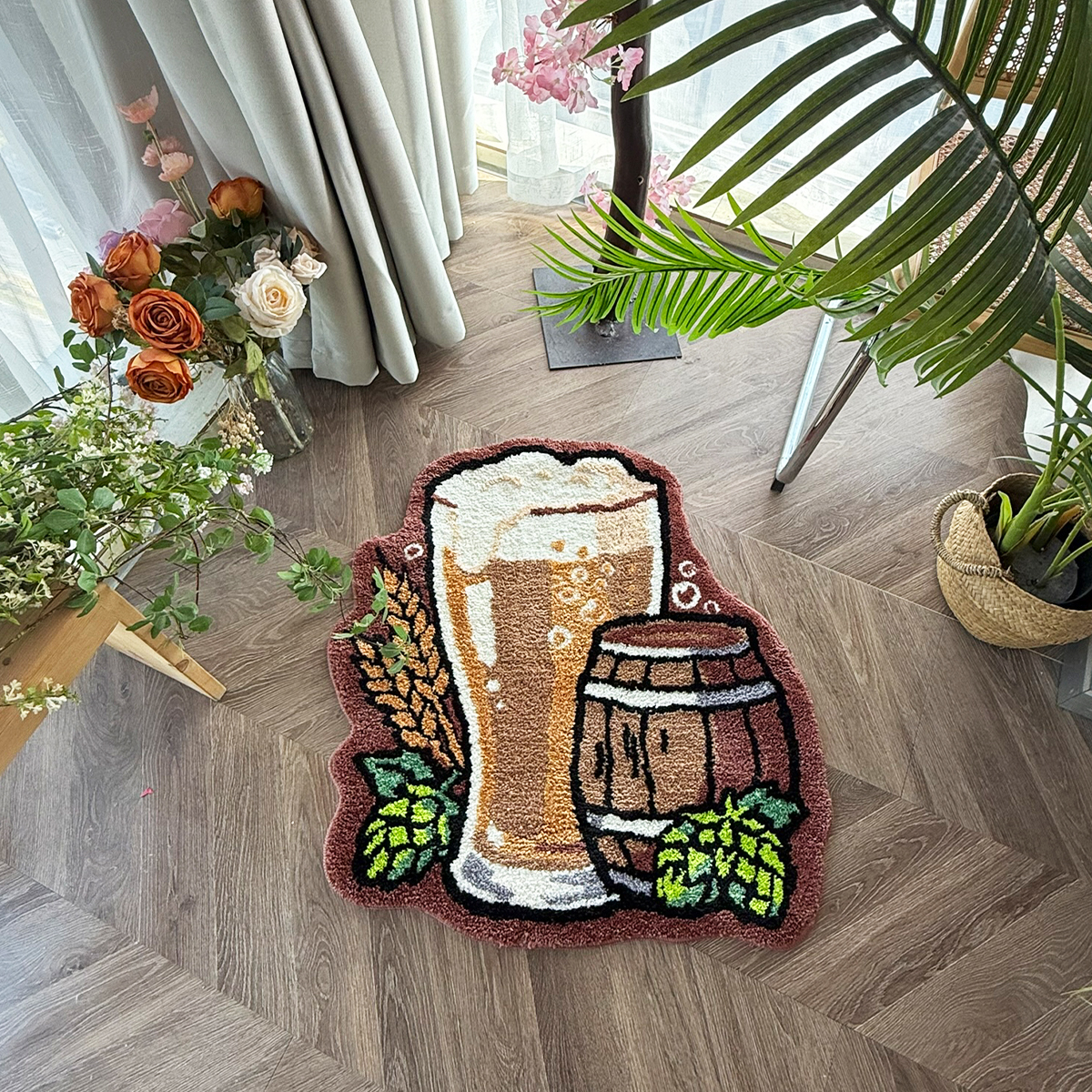 Beer Mug & Barrel Tufted Rug - Vibrant Retro Style Anti-Slip Floor Mat for Home Bar, Kitchen & Man Cave Decor.