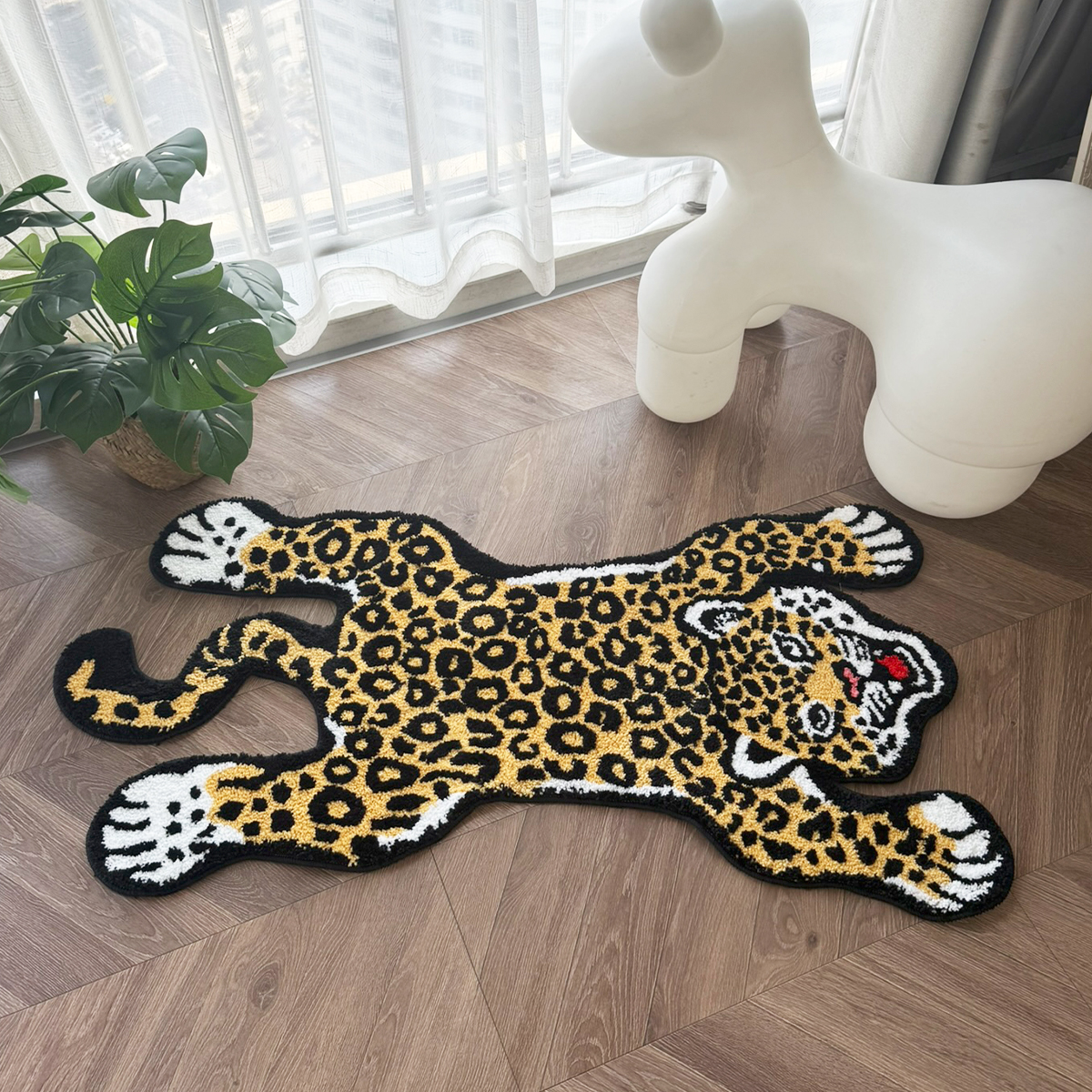Yellow Leopard Print Tufted Rug | Soft Plush Animal Shaped Floor Mat | Whimsical Home Decor for Bathroom, Bedroom, Kids Room