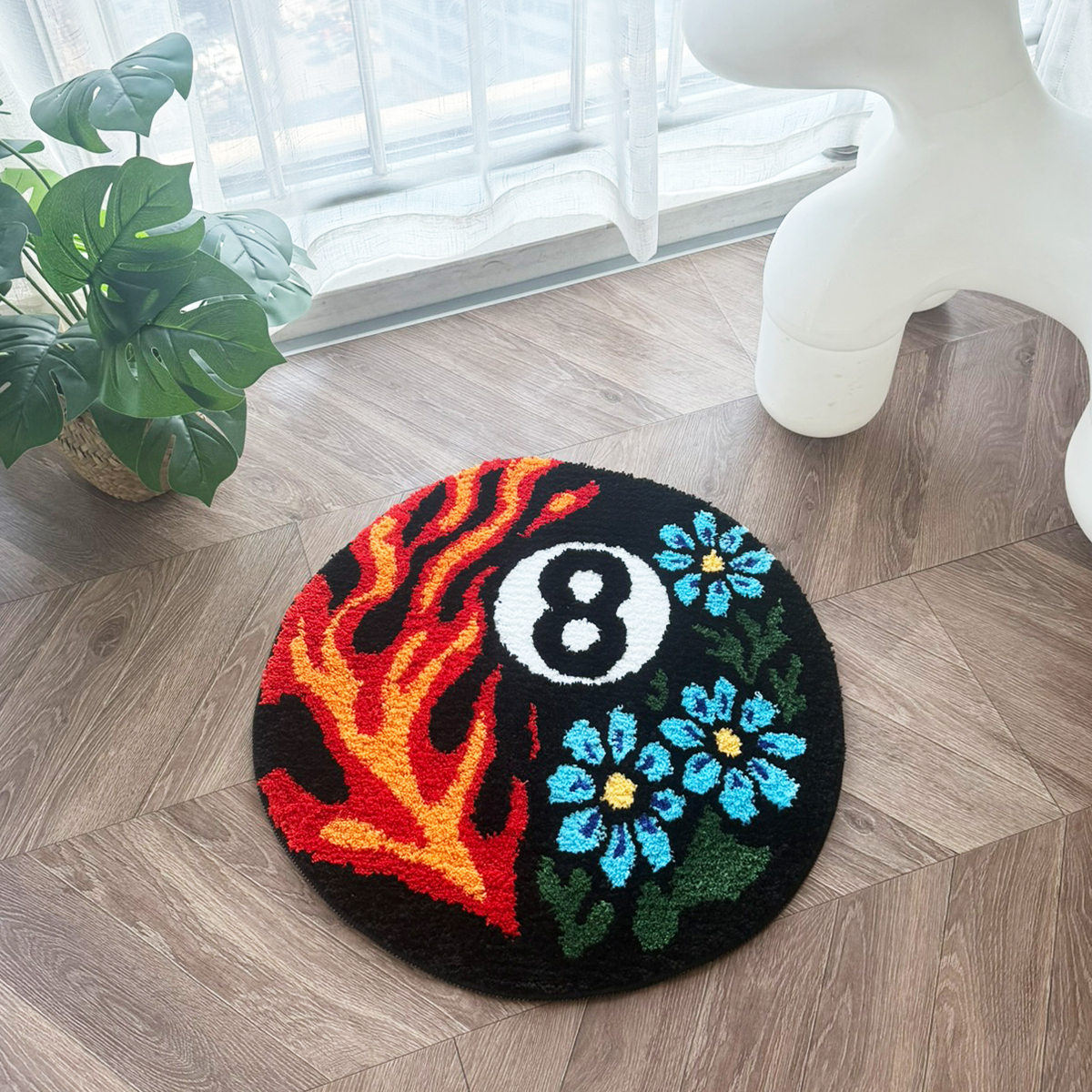 Vibrant 8 Ball Pattern Tufted Rug - Flame & Floral Design Plush Carpet, Perfect for Billiard Lovers & Trendy Spaces.