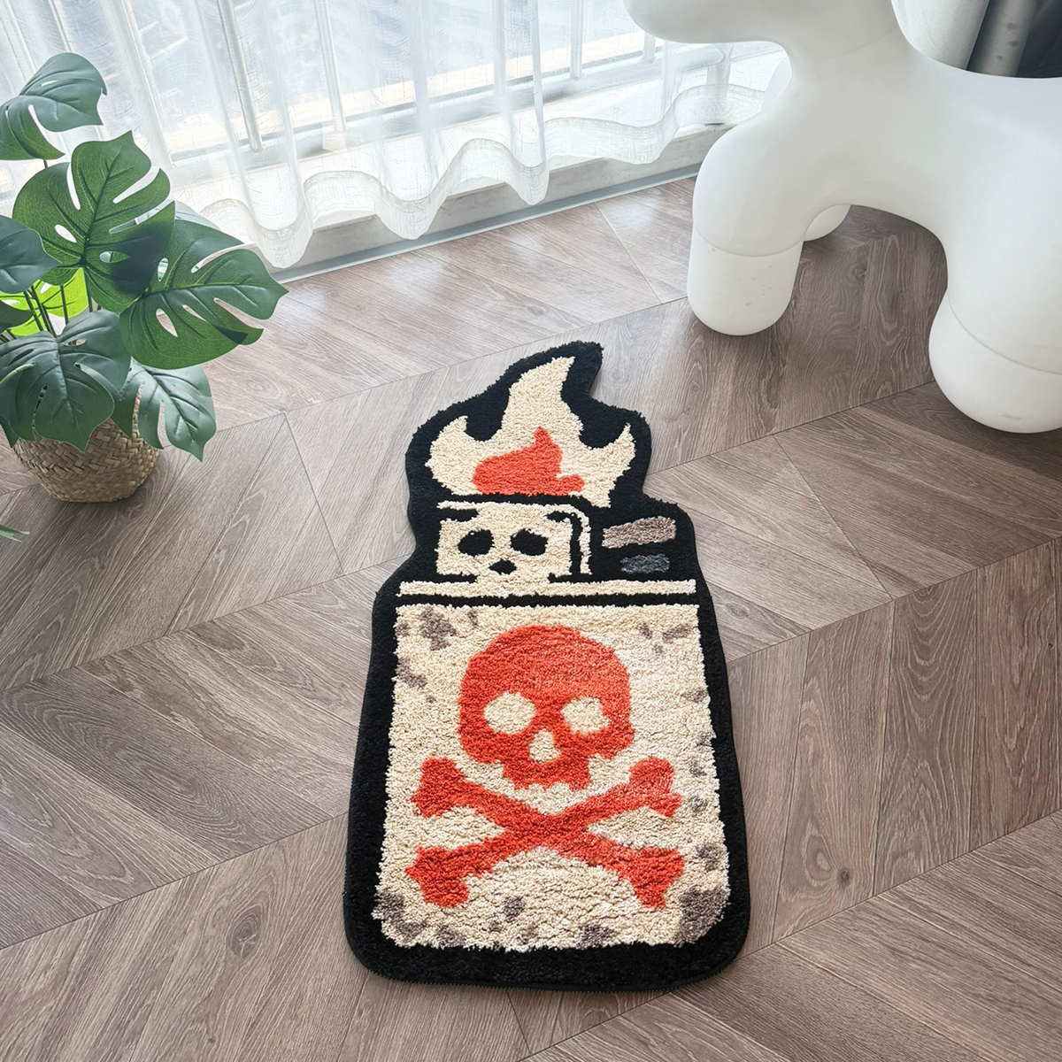 Retro Skull Lighter Tufted Rug - Grunge Aesthetic Plush Carpet, Perfect for Street Style Home & Man Cave.