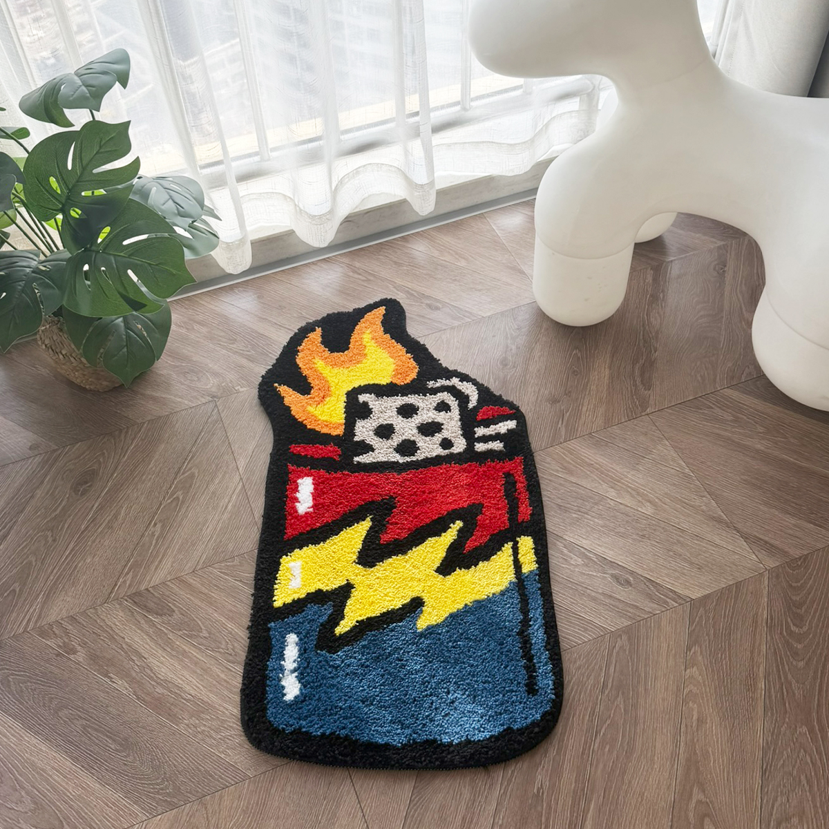 Funky Lightning Lighter Tufted Rug - Soft Anti-Slip Floor Mat, Bold Aesthetic Decor for Modern Bedroom & Living Room.