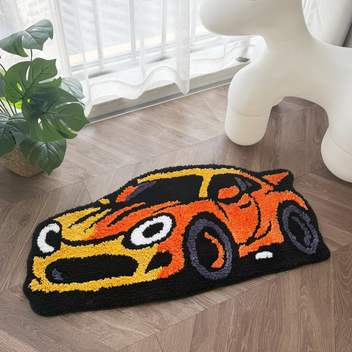 Cartoon Sports Car Tufted Rug, Vibrant Orange & Yellow Gradient Plush Floor Mat, Anti-Slip Irregular Shaped Carpet for Car Enthusiasts, Gaming Room & Bedroom Decor