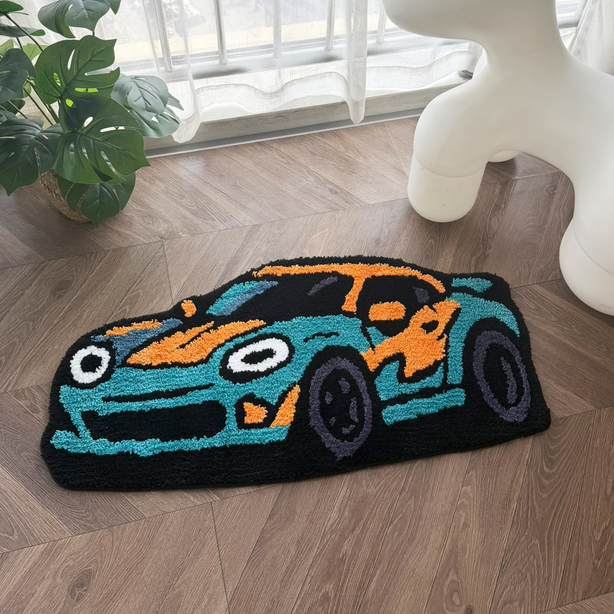 Cartoon Sports Car Tufted Rug, Vibrant Orange & Yellow Gradient Plush Floor Mat, Anti-Slip Irregular Shaped Carpet for Car Enthusiasts, Gaming Room & Bedroom Decor