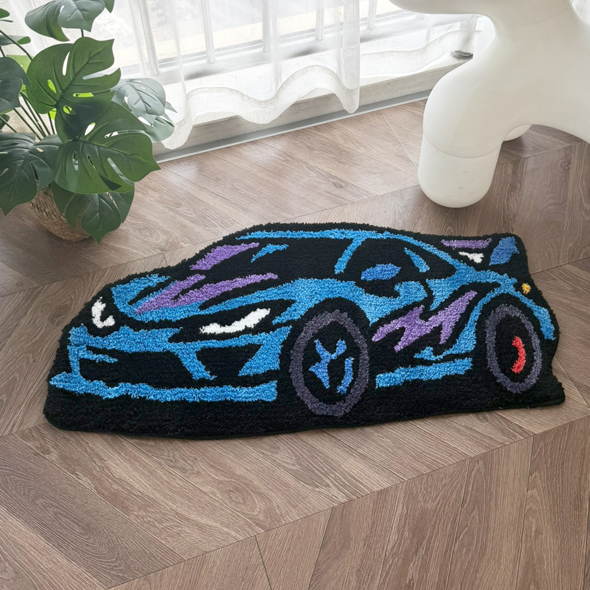 Cartoon Sports Car Tufted Rug, Vibrant Orange & Yellow Gradient Plush Floor Mat, Anti-Slip Irregular Shaped Carpet for Car Enthusiasts, Gaming Room & Bedroom Decor