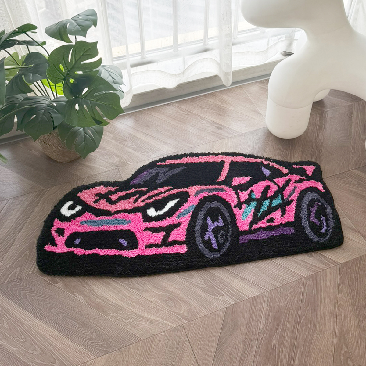 Cartoon Sports Car Tufted Rug, Vibrant Orange & Yellow Gradient Plush Floor Mat, Anti-Slip Irregular Shaped Carpet for Car Enthusiasts, Gaming Room & Bedroom Decor