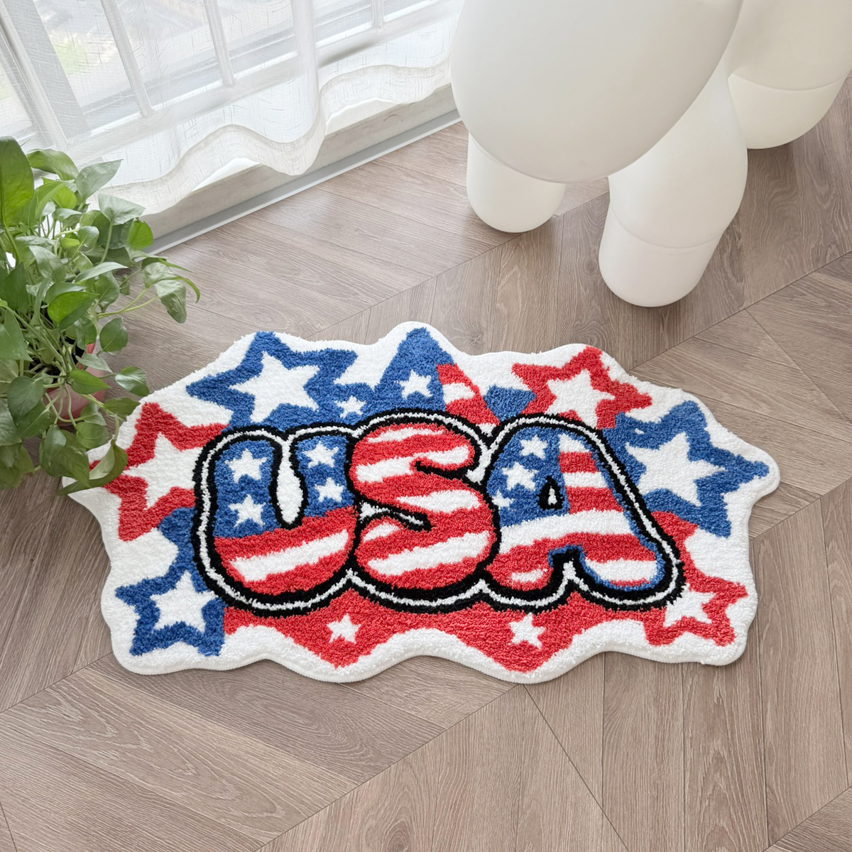 USA Letter American Flag Tufted Rug, Retro Stars Stripes Irregular Shaped Fluffy Floor Mat, Non Slip Absorbent Doormat for Bedroom Bathroom Home Decor