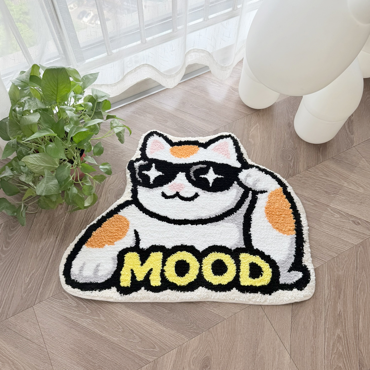 Cool Cat With Star Sunglasses Tufted Rug, Cute MOOD Letter Kitten Shaped Fluffy Floor Mat, Non Slip Absorbent Doormat for Bedroom Bathroom Home Decor