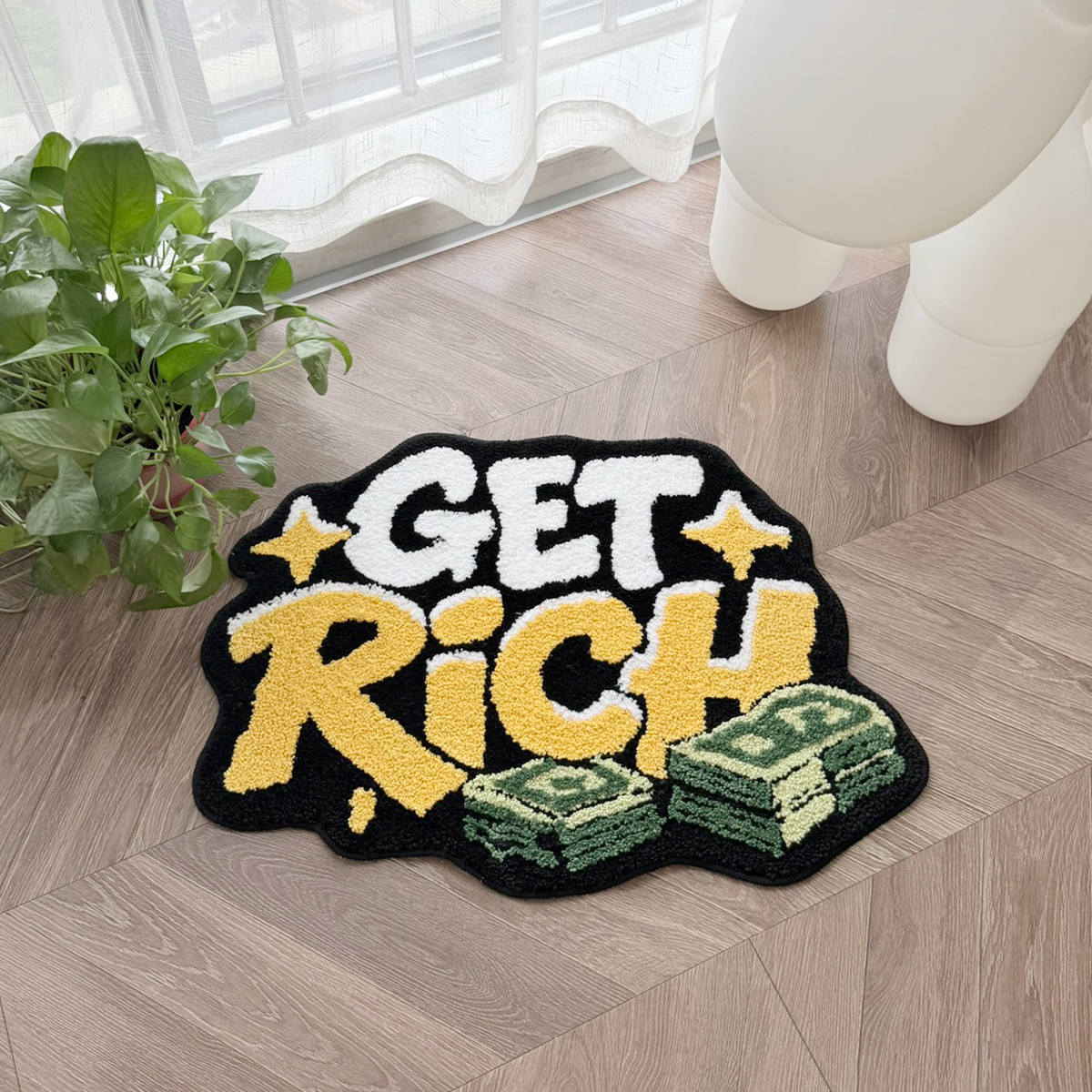 GET RICH Money Design Tufted Rug, Dollar Cash Stack Irregular Shaped Fluffy Floor Mat, Non Slip Absorbent Doormat for Bedroom Entryway Home Decor