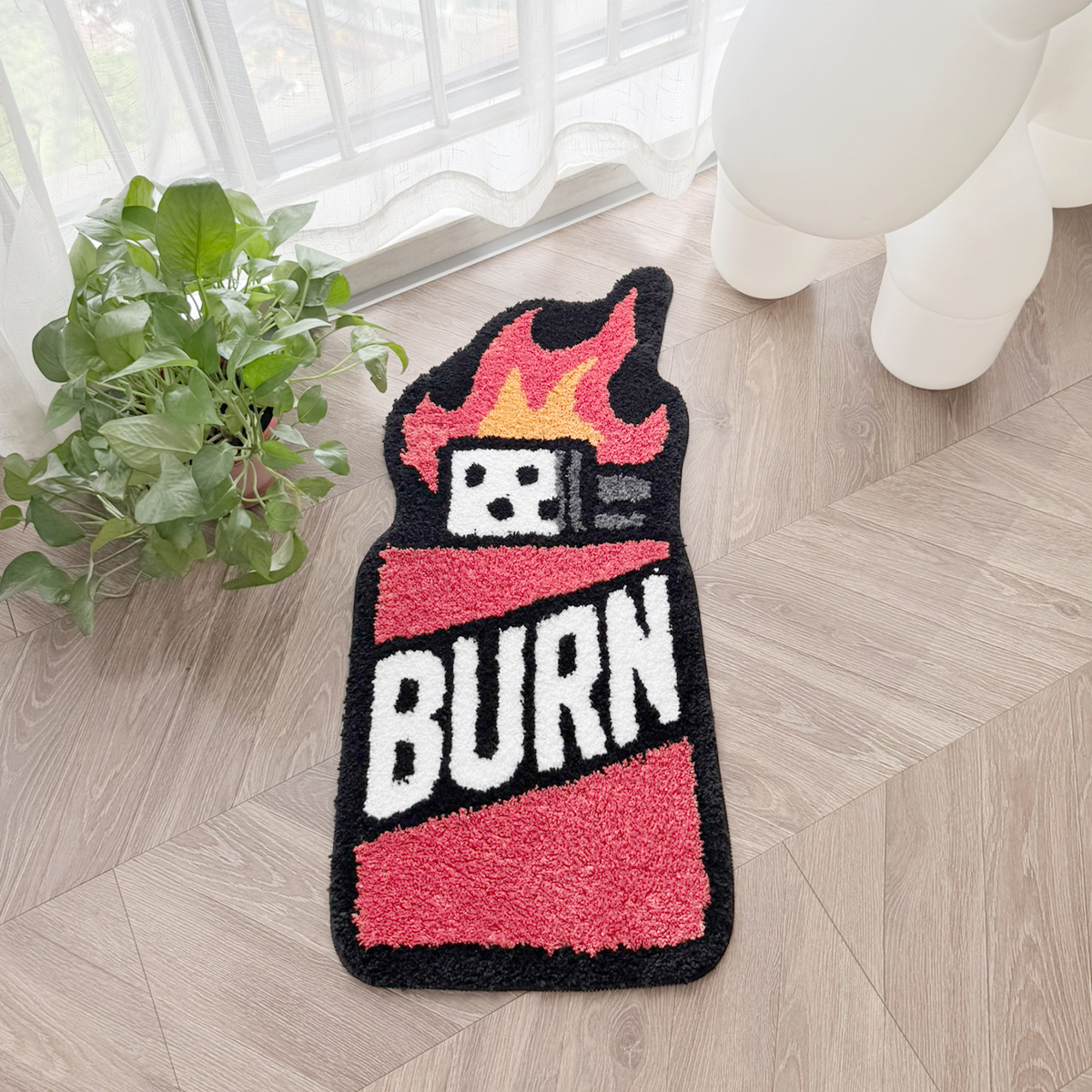 BURN Lighter Shaped Tufted Rug, Retro Flame & Dice Irregular Fluffy Floor Mat, Non Slip Absorbent Doormat for Bedroom Entryway Home Decor