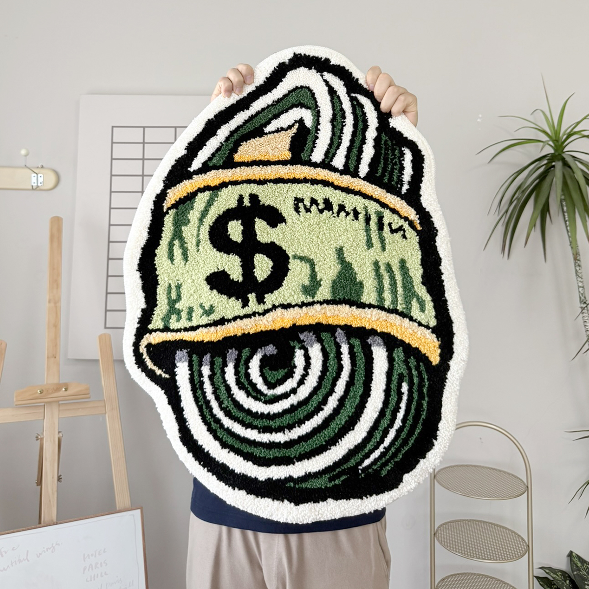 Rolled Dollar Bill Tufted Rug, Spiral Money Sign Irregular Shaped Fluffy Floor Mat, Non Slip Absorbent Doormat for Bedroom Entryway Home Decor