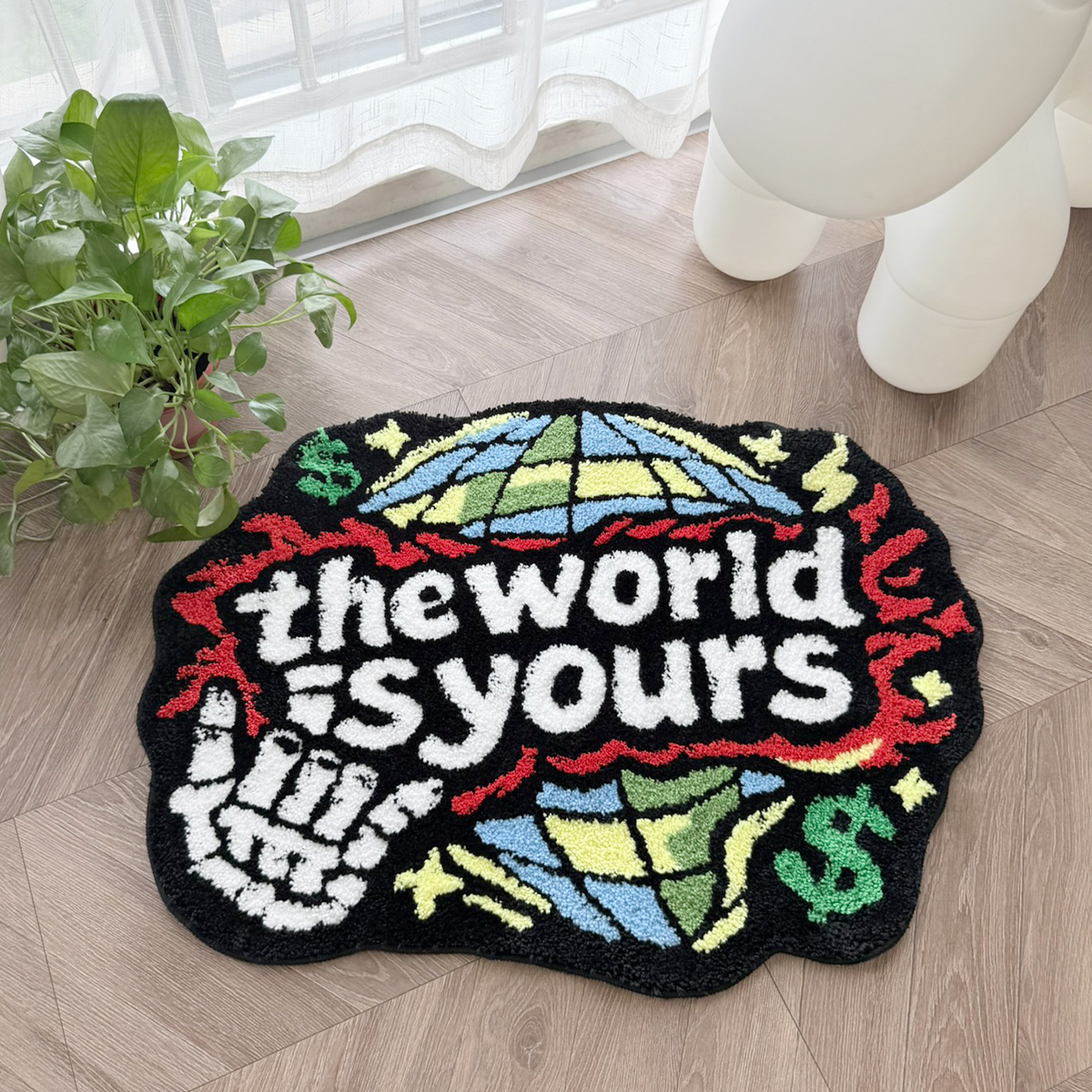 The World Is Yours Tufted Rug, Skull Hand & Globe Dollar Sign Irregular Fluffy Floor Mat, Non Slip Absorbent Doormat for Bedroom Entryway Home Decor