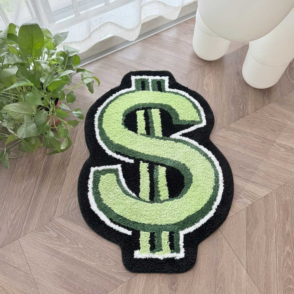 Dollar Sign Shaped Tufted Rug, Green Black Irregular Money Symbol Fluffy Floor Mat, Non Slip Absorbent Doormat for Bedroom Entryway Home Decor