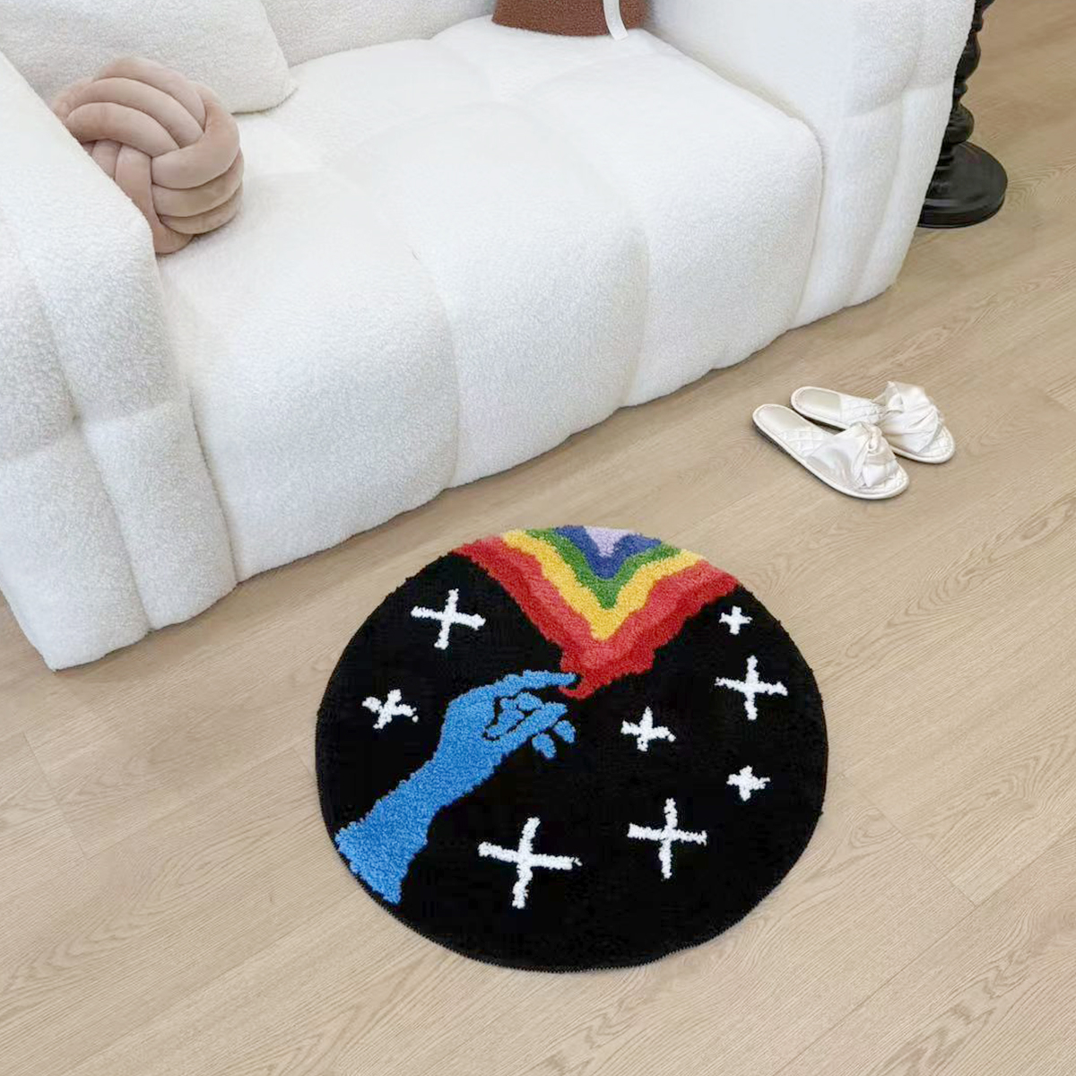 Dreamy Rainbow Star Tufted Rug Finger Small Carpet Flocking Rug Soft Textured Portable Floor Mat for Gifts Antislip Bedside Rug