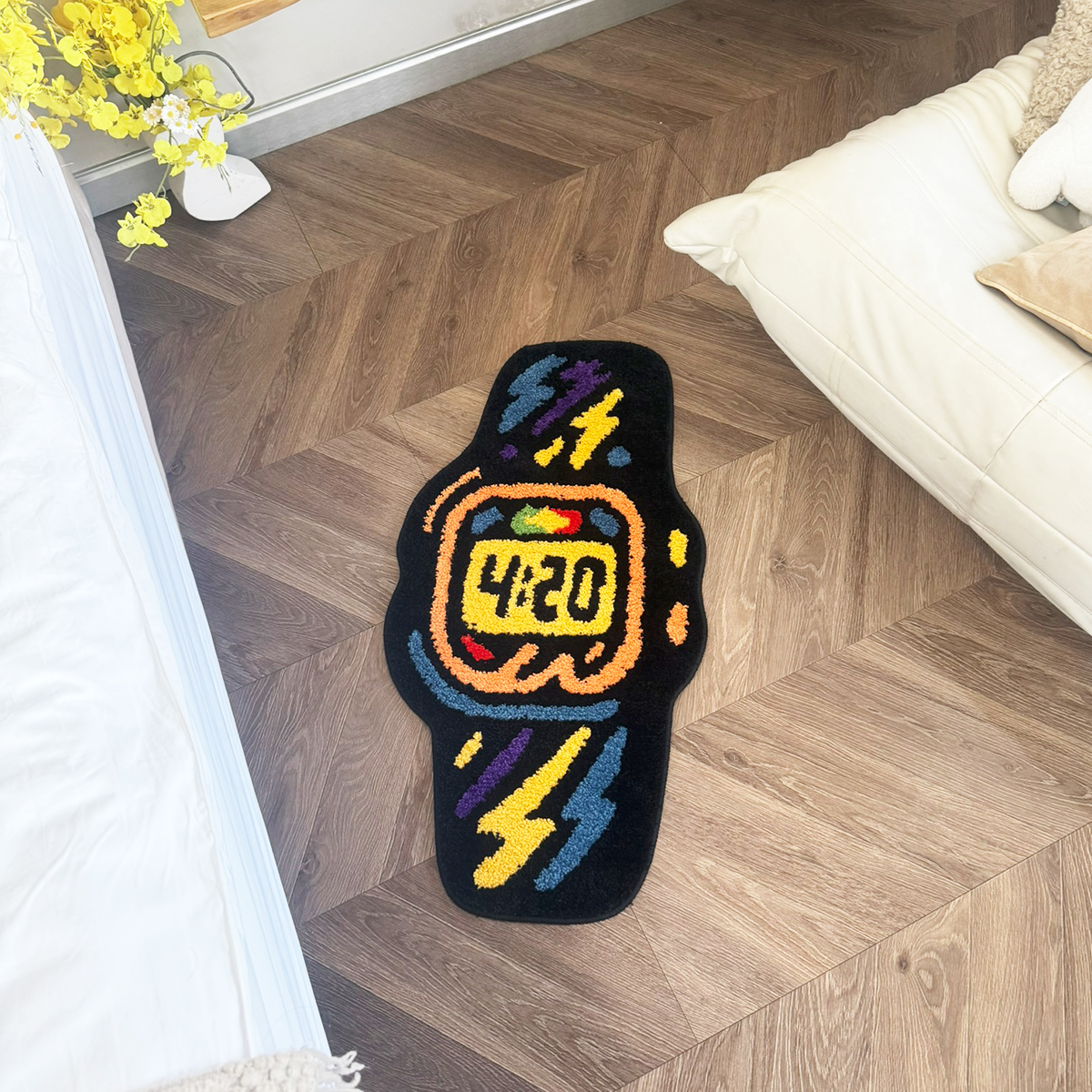 4:20 Graffiti Watch Tufted Rug - Colorful Lightning Pattern Anti-Slip Floor Mat for Street Style Home & Dorm.