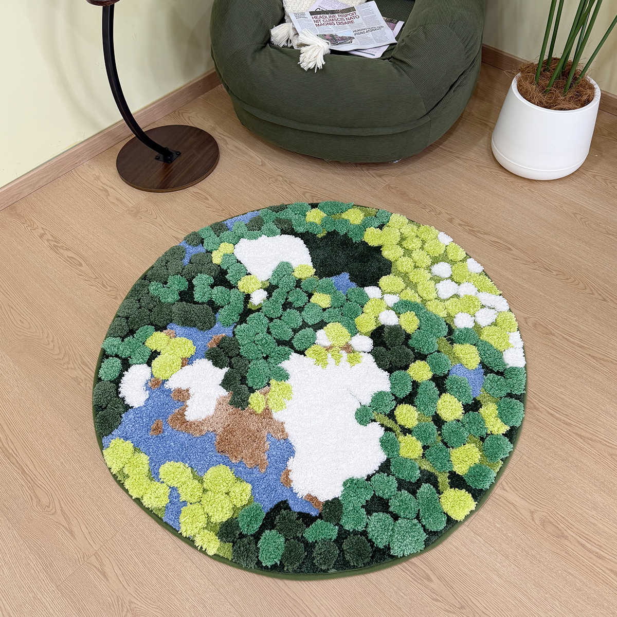 European Earth Moss 3D Flocking Rug Round Bedside Rug INS Entrance Anti-Slip Water-Absorbent Floor Mat for Bedroom & Home Decor