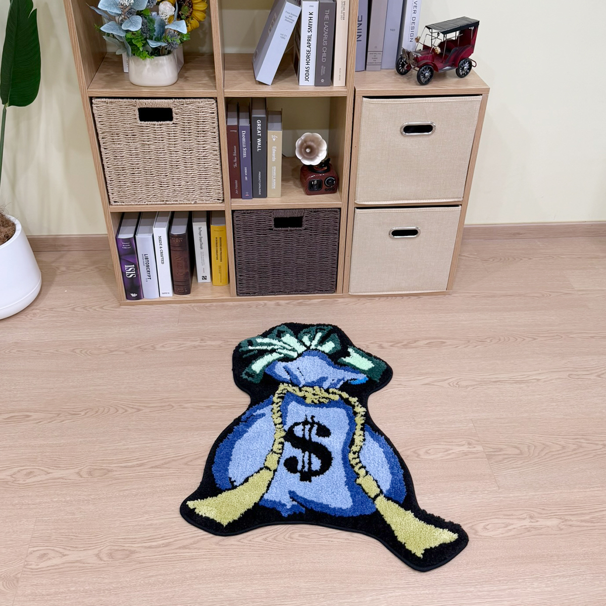 Blue Money Bag Shaped Tufted Rug, Blue Dollar Sign Plush Carpet with Cash Detail, Soft Non-Slip Irregular Floor Mat for Bedroom, Man Cave & Office, Fun Finance Themed Home Decor for Entrepreneurs
