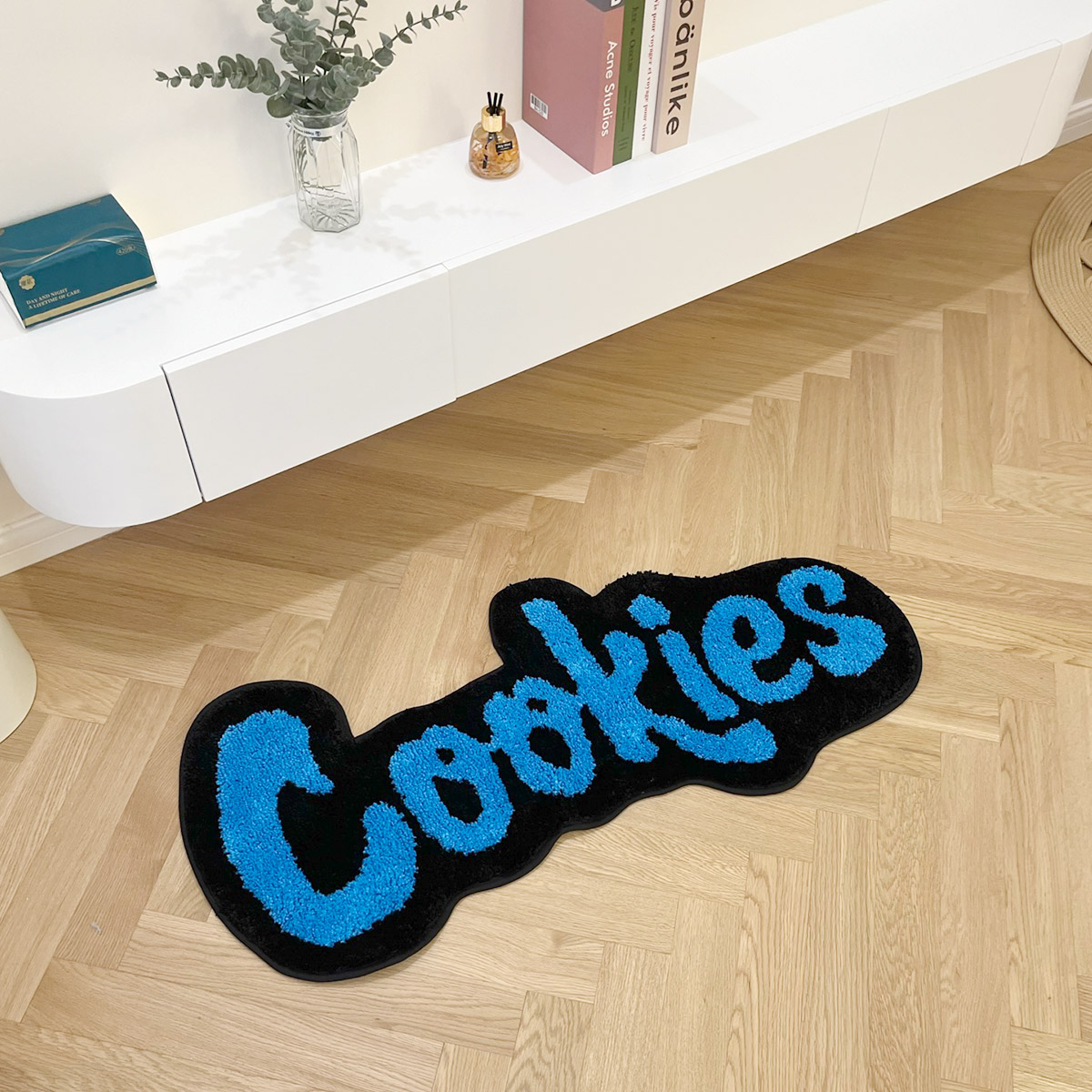 Fun "Cookies" 3D Tufted Shaped Rug - Blue & Black Soft Fluffy Floor Mat for Kitchen Bedroom Snack Bar, Cute Word Pattern Non-Slip Cozy Area Rug with Playful Letter Design Home Decor