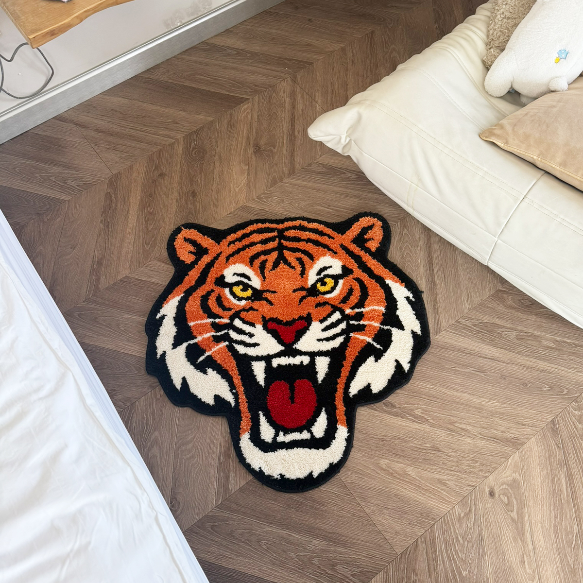 Fierce Tiger Head Tufted Rug - Vibrant Orange Anti-Slip Floor Mat for Bedroom & Living Room, Bold Animal Print Carpet