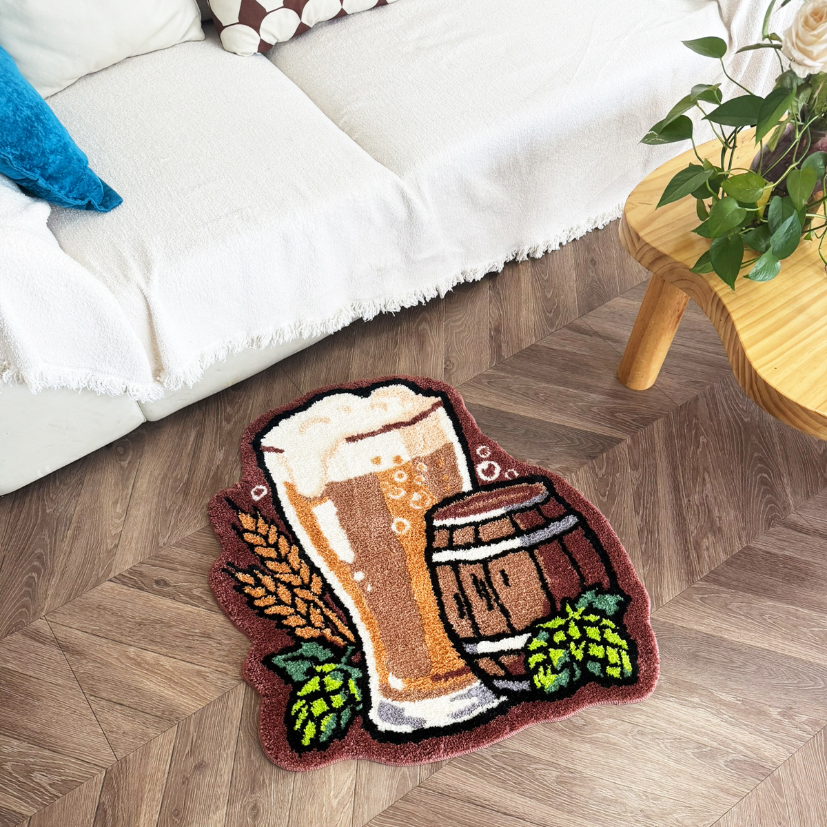 Beer Mug & Barrel Tufted Rug - Vibrant Retro Style Anti-Slip Floor Mat for Home Bar, Kitchen & Man Cave Decor.