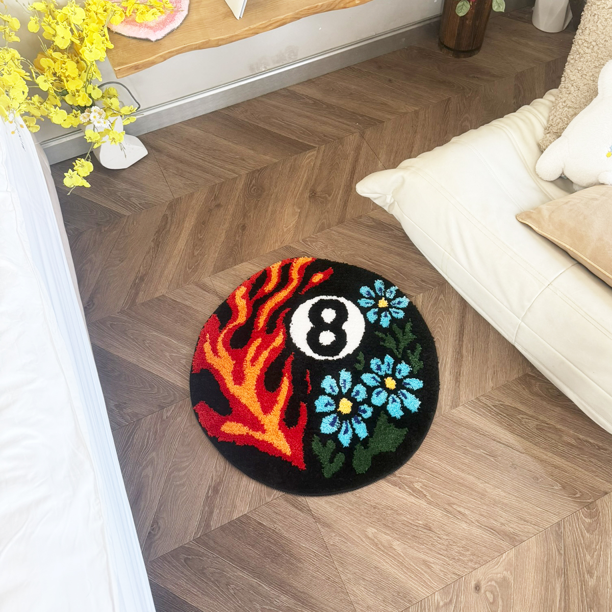 Vibrant 8 Ball Pattern Tufted Rug - Flame & Floral Design Plush Carpet, Perfect for Billiard Lovers & Trendy Spaces.