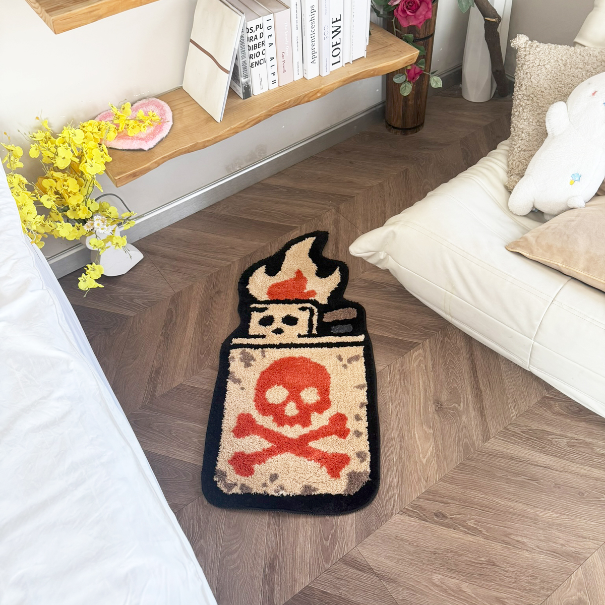 Retro Skull Lighter Tufted Rug - Grunge Aesthetic Plush Carpet, Perfect for Street Style Home & Man Cave.