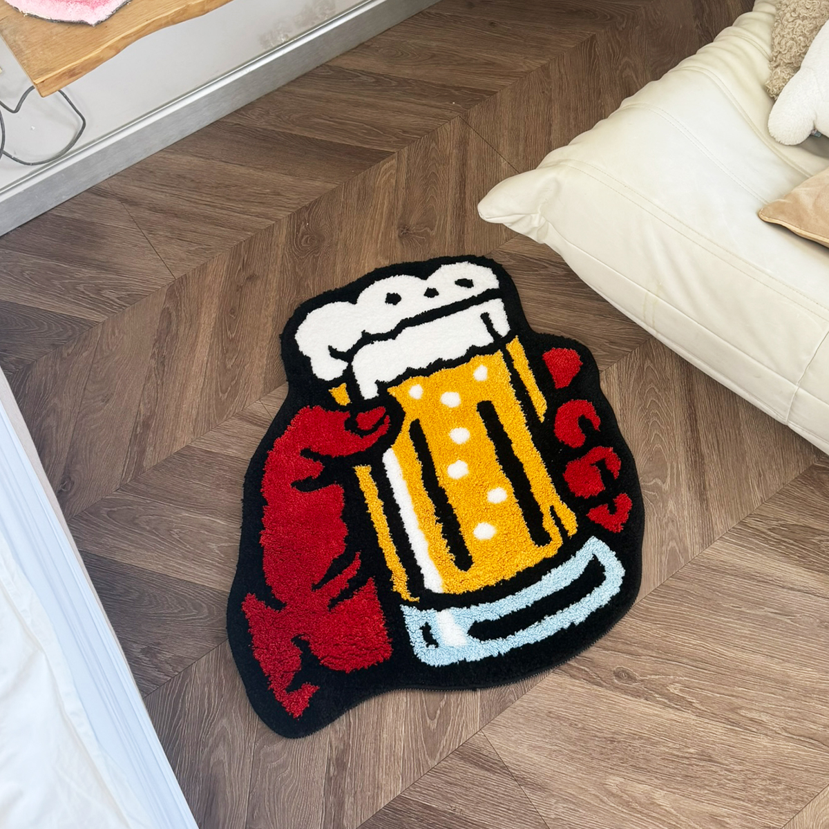 Beer Mug & Claw Tufted Rug - Vibrant Cartoon Style Anti-Slip Floor Mat for Home Bar & Kitchen Decor.