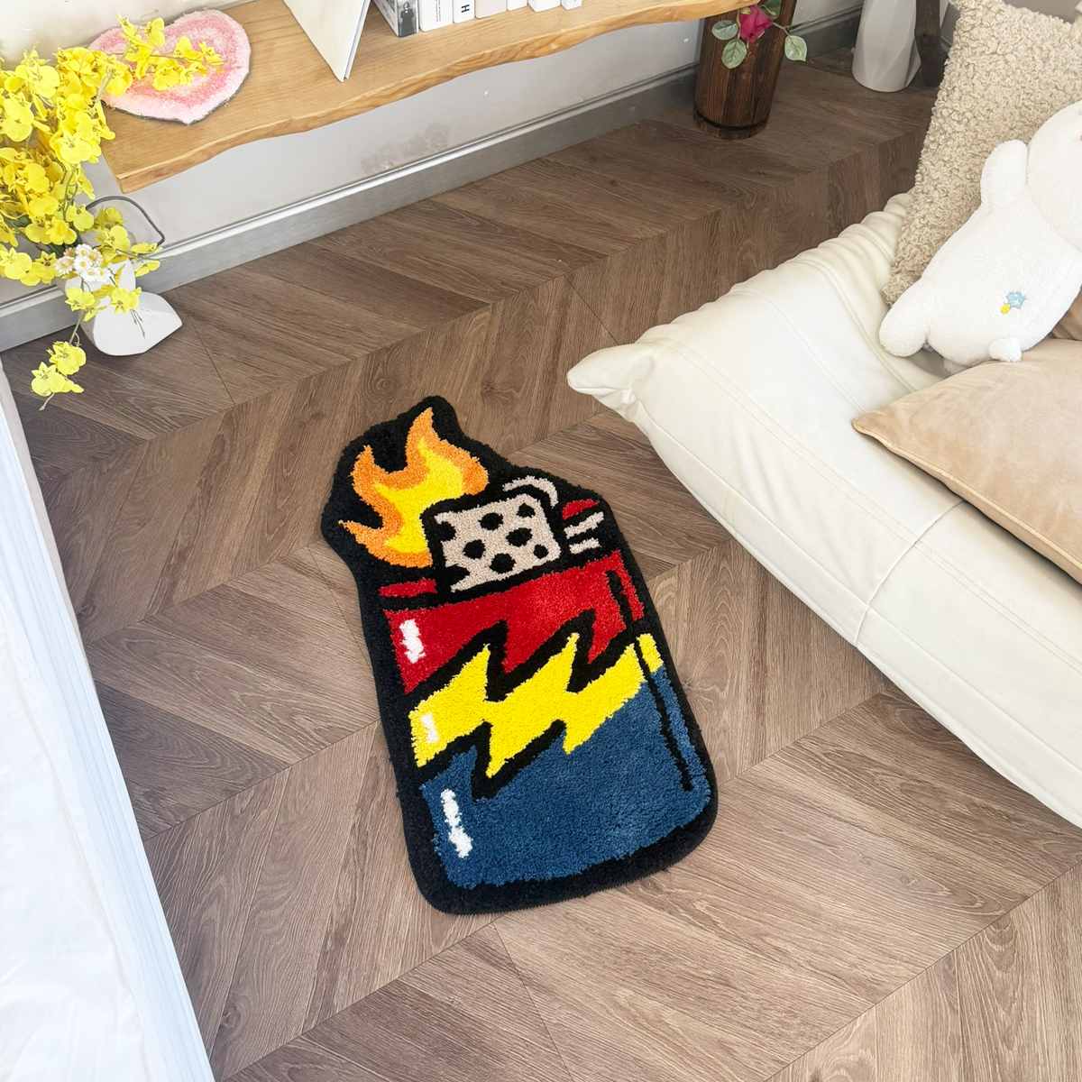 Funky Lightning Lighter Tufted Rug - Soft Anti-Slip Floor Mat, Bold Aesthetic Decor for Modern Bedroom & Living Room.
