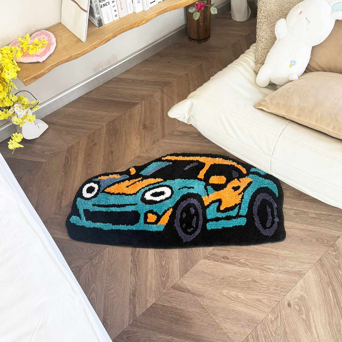 Cartoon Sports Car Tufted Rug, Vibrant Orange & Yellow Gradient Plush Floor Mat, Anti-Slip Irregular Shaped Carpet for Car Enthusiasts, Gaming Room & Bedroom Decor